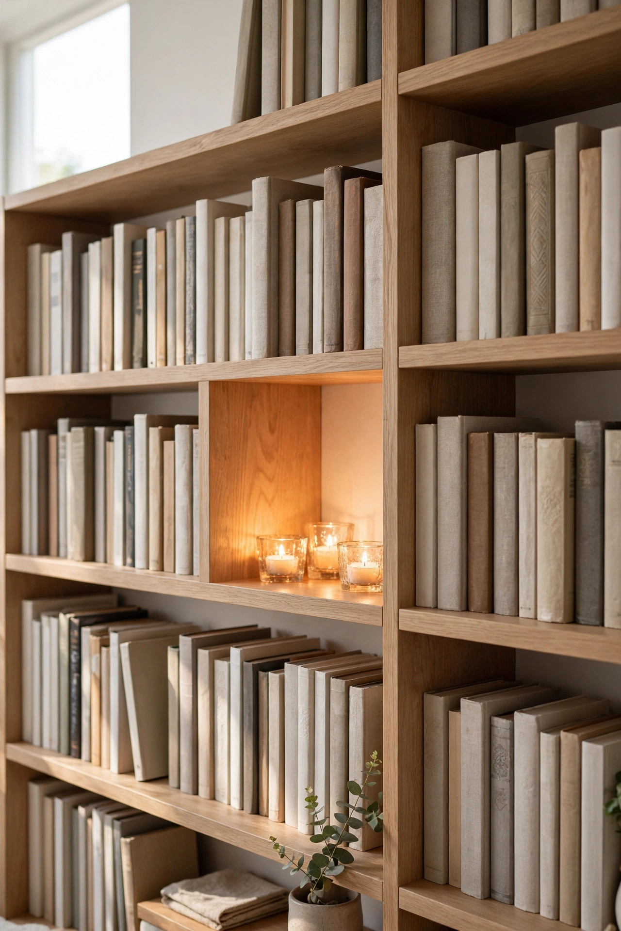 Small glowing niche of tea light candles among books on a bookshelf