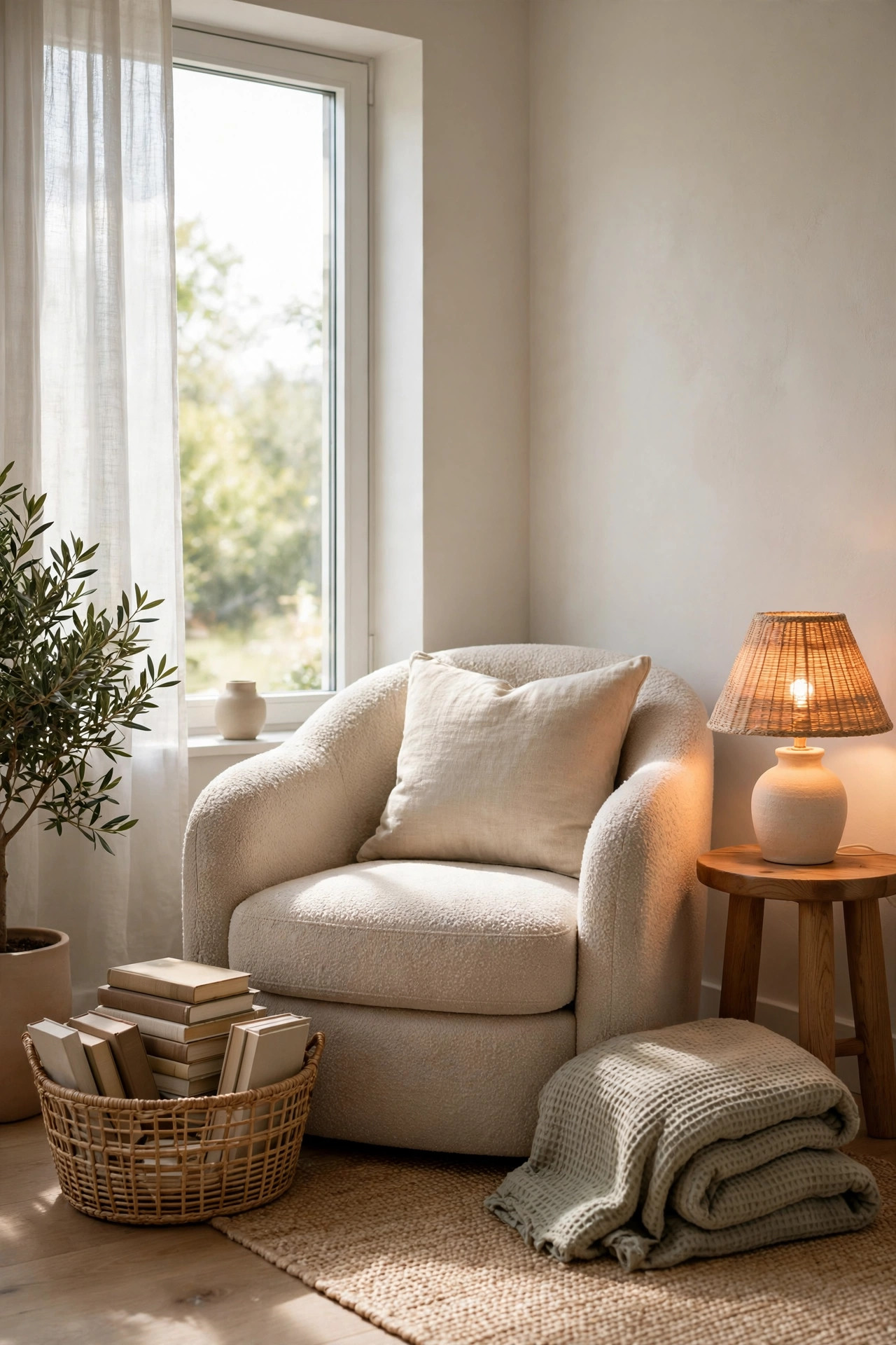 Cozy reading corner with a warm glowing table lamp, armchair and books