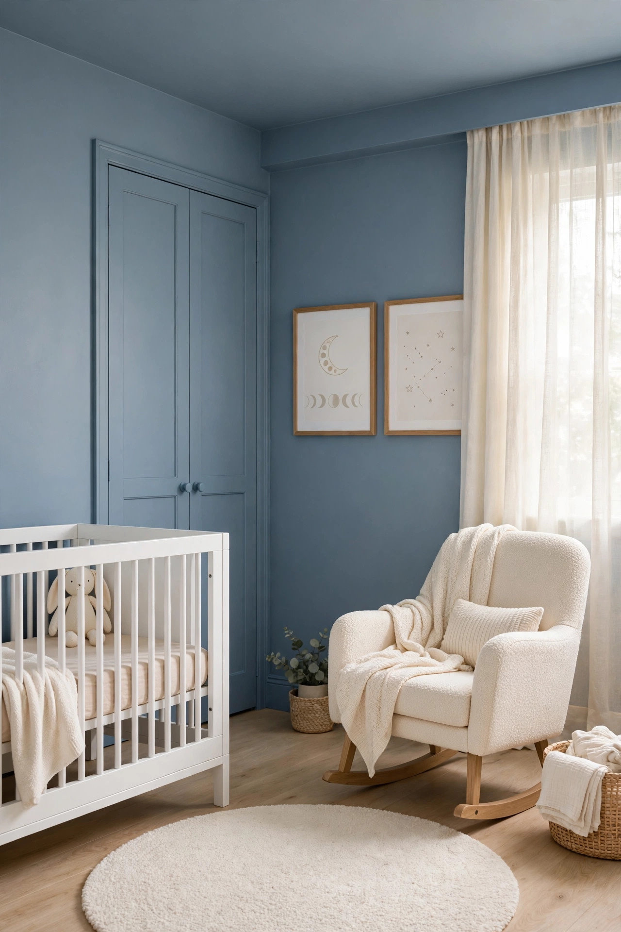 Dusty blue nursery with softly painted walls and ceiling