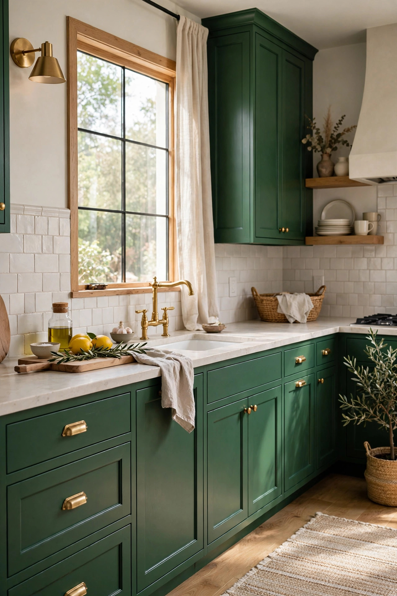Rich emerald green kitchen cabinets with brass hardware and light counters.