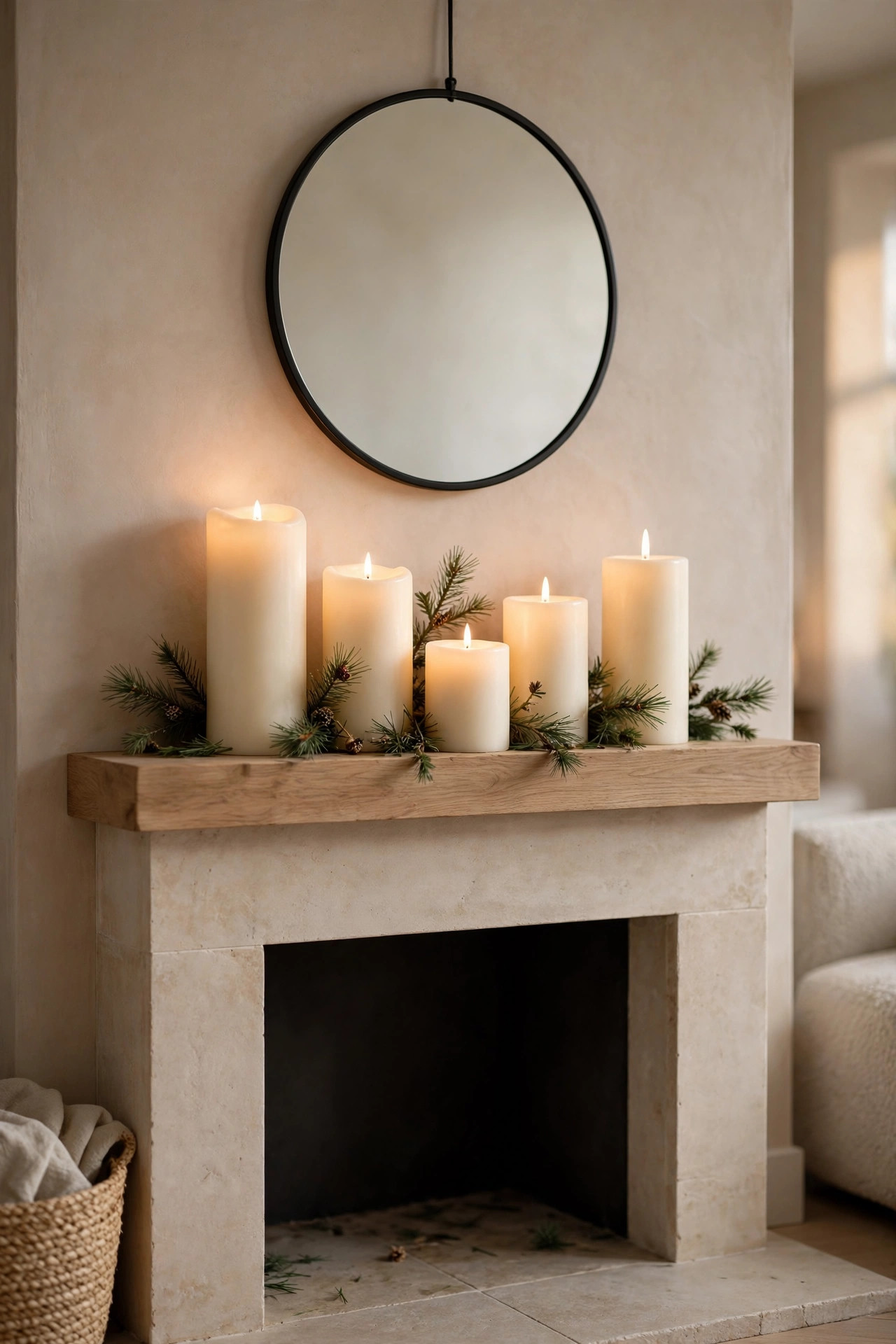 Cozy Winter Home Decor Ideas for After the Holidays 9 Fireplace mantel styled with a group of flickering LED pillar candles in different heights and small pine sprigs