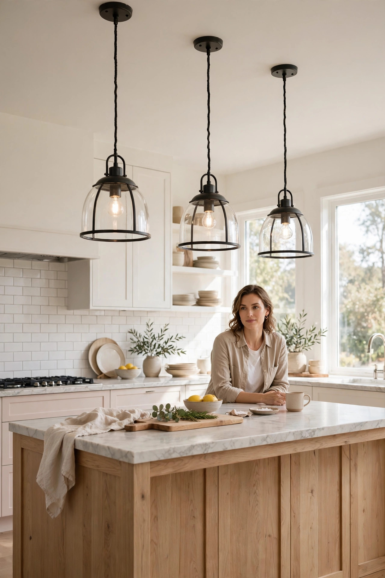 Pendant lights hanging at the correct height above a kitchen island countertop.
