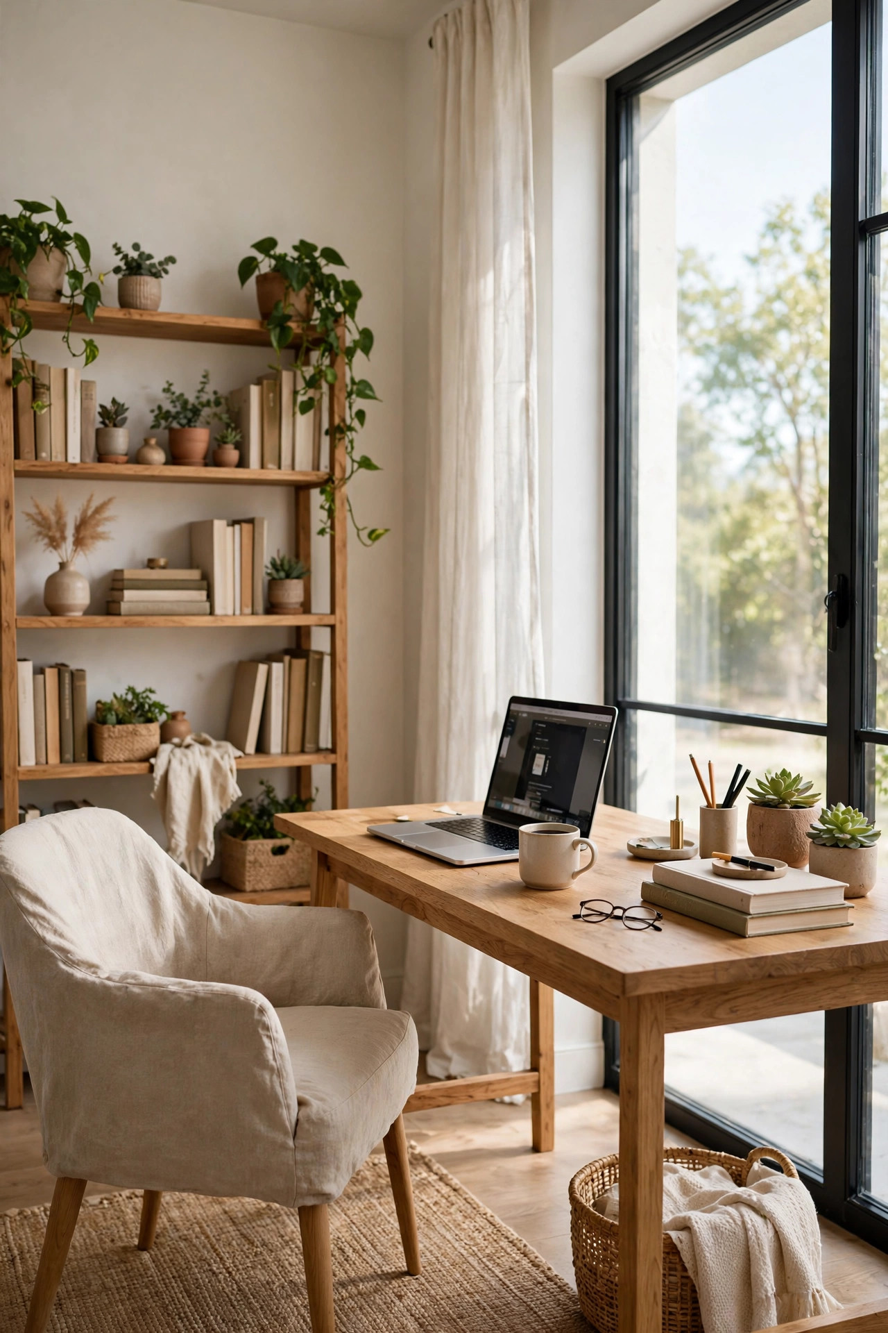15 Warm White Paint Colors That Work in Every Room 9 Home office with soft warm white walls, wooden desk, bookshelf with plants, and a large window