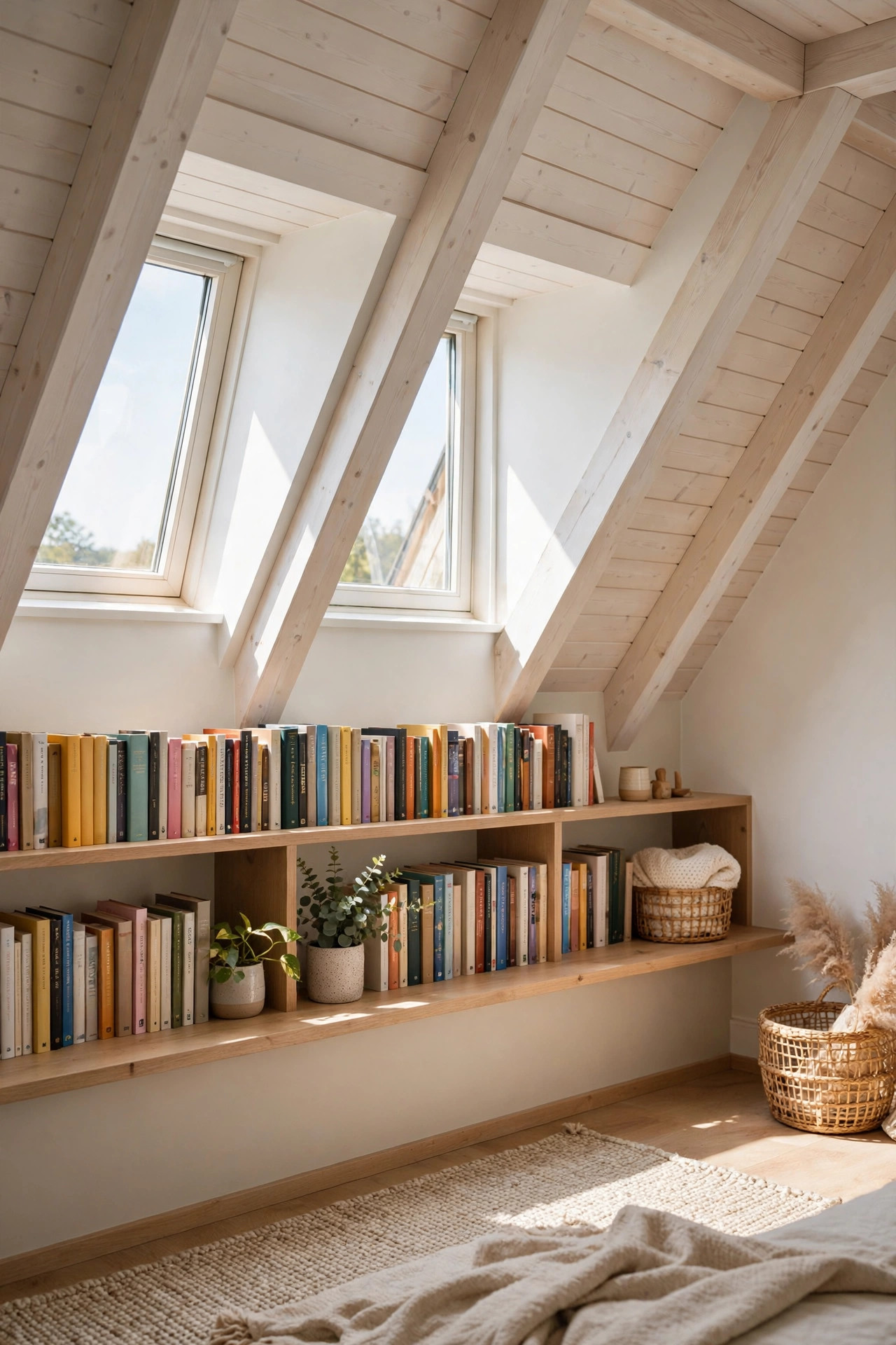 Low open bookshelves along an attic knee wall filled with books and small decor.