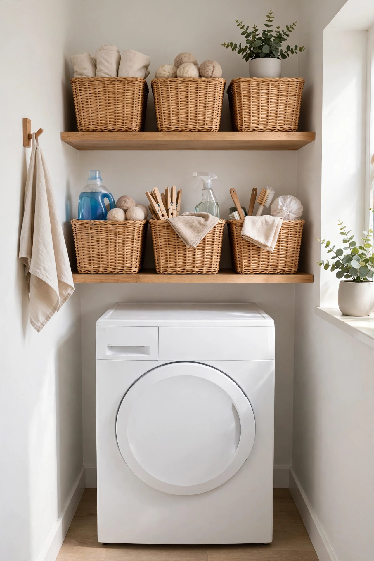 Labeled baskets on laundry shelves