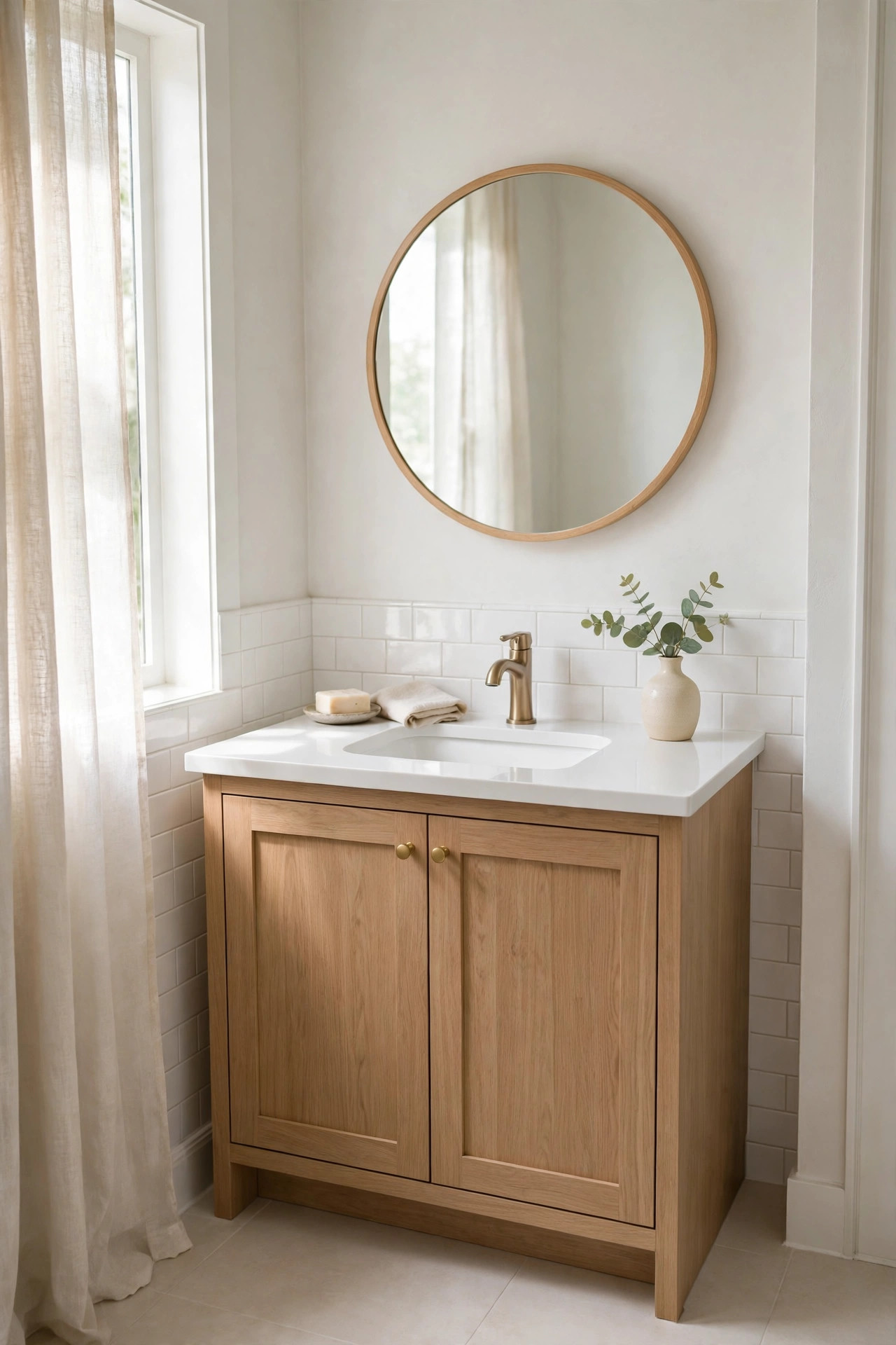 Glossy white quartz countertop reflecting window light in a small bathroom.