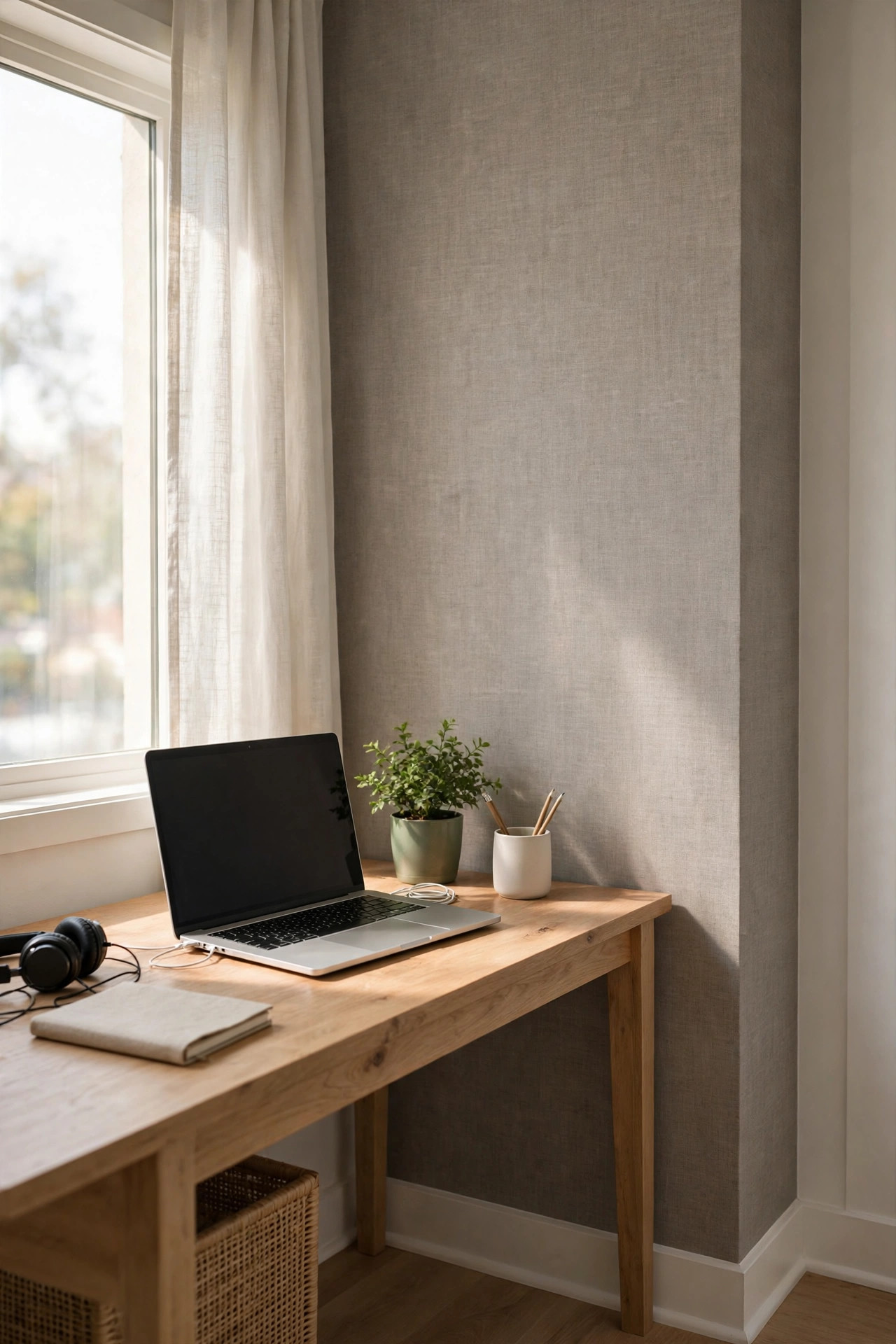 Home office nook with warm gray linen texture peel and stick wallpaper behind a desk.