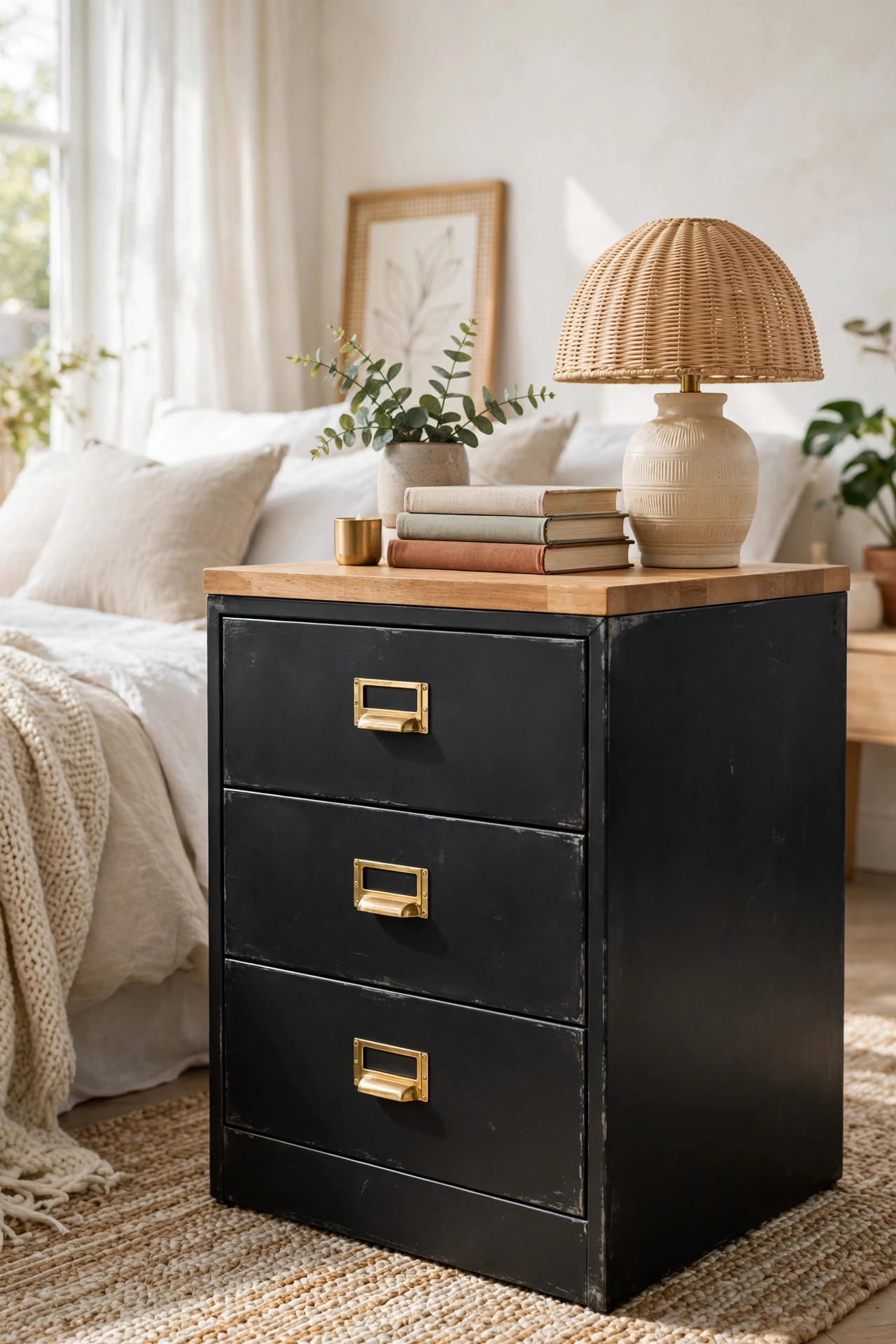 15 Thrift Store Furniture Flips Worth Trying 9 A matte black metal file cabinet with gold pulls topped with wood in a bedroom