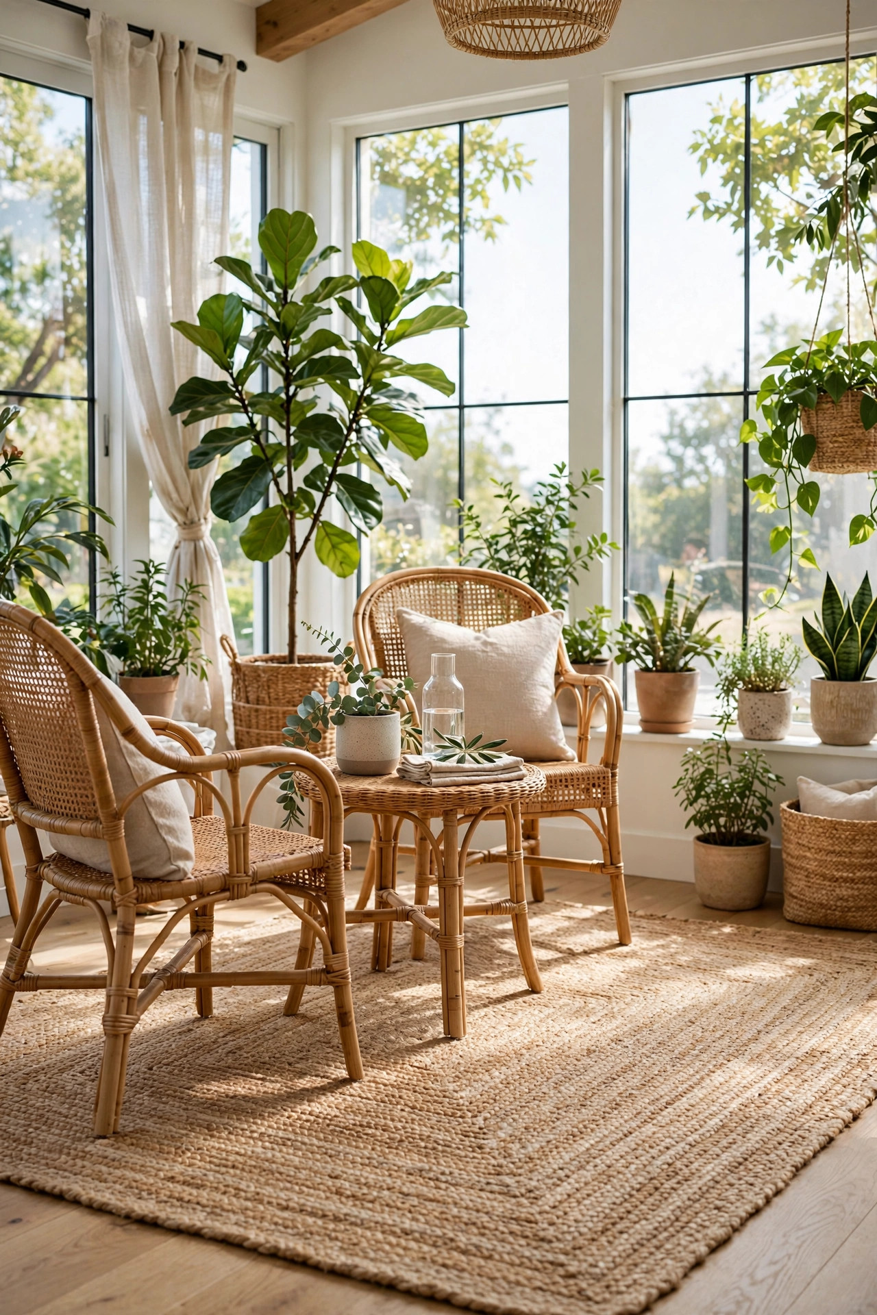 Large natural jute rug under rattan chairs with woven texture detail