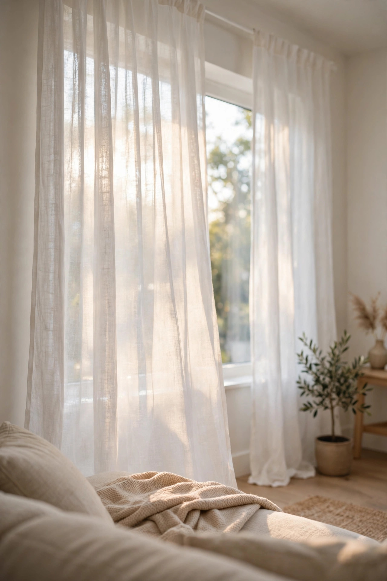 Floor length linen curtain panels on a tension rod softening a bright living room window