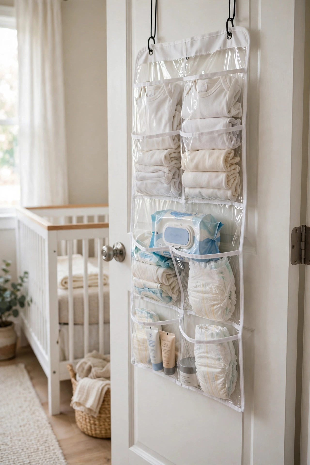 Clear pocket over the door organizer filled with diapers and baby supplies