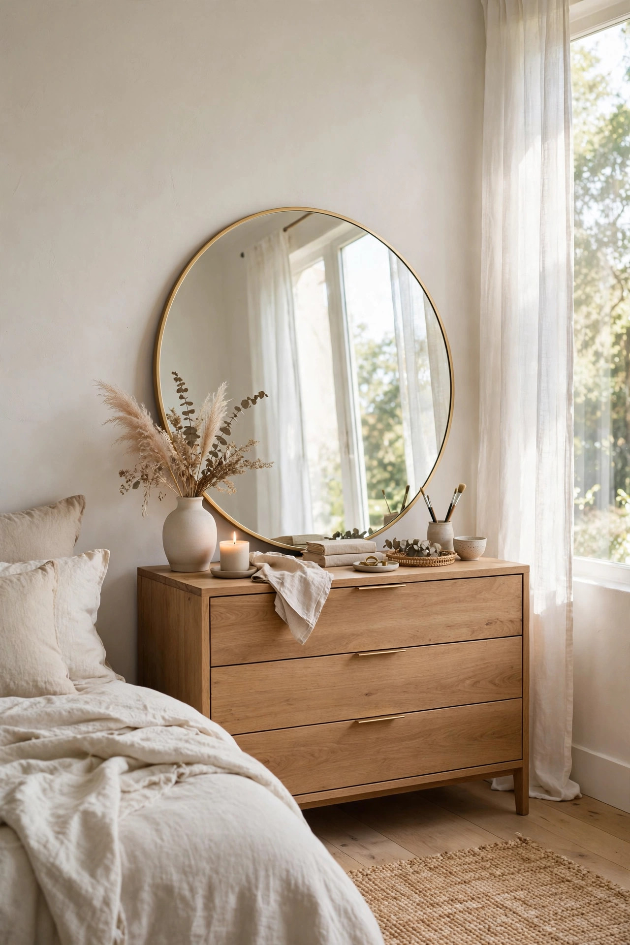 17 Art Deco Bedroom Ideas With a Modern Twist 9 A large round mirror with a thin brass frame leaning against a bedroom wall above a dresser.