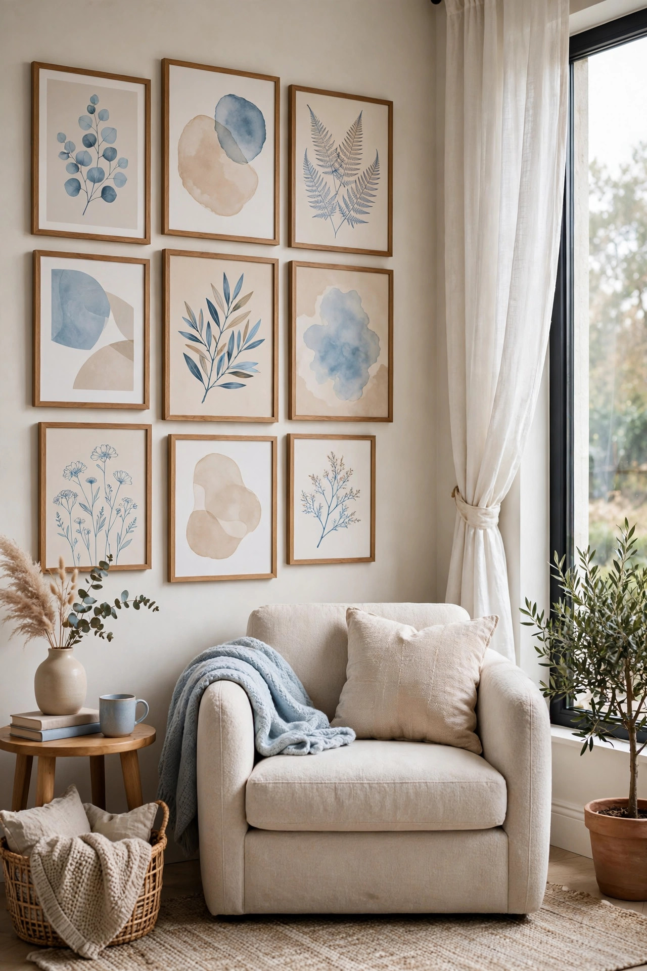 15 Gallery Wall Ideas That Look Curated, Not Cluttered 9 Soft blue and sandy beige prints, including botanicals and abstract shapes, share a calm mood on a reading corner wall.