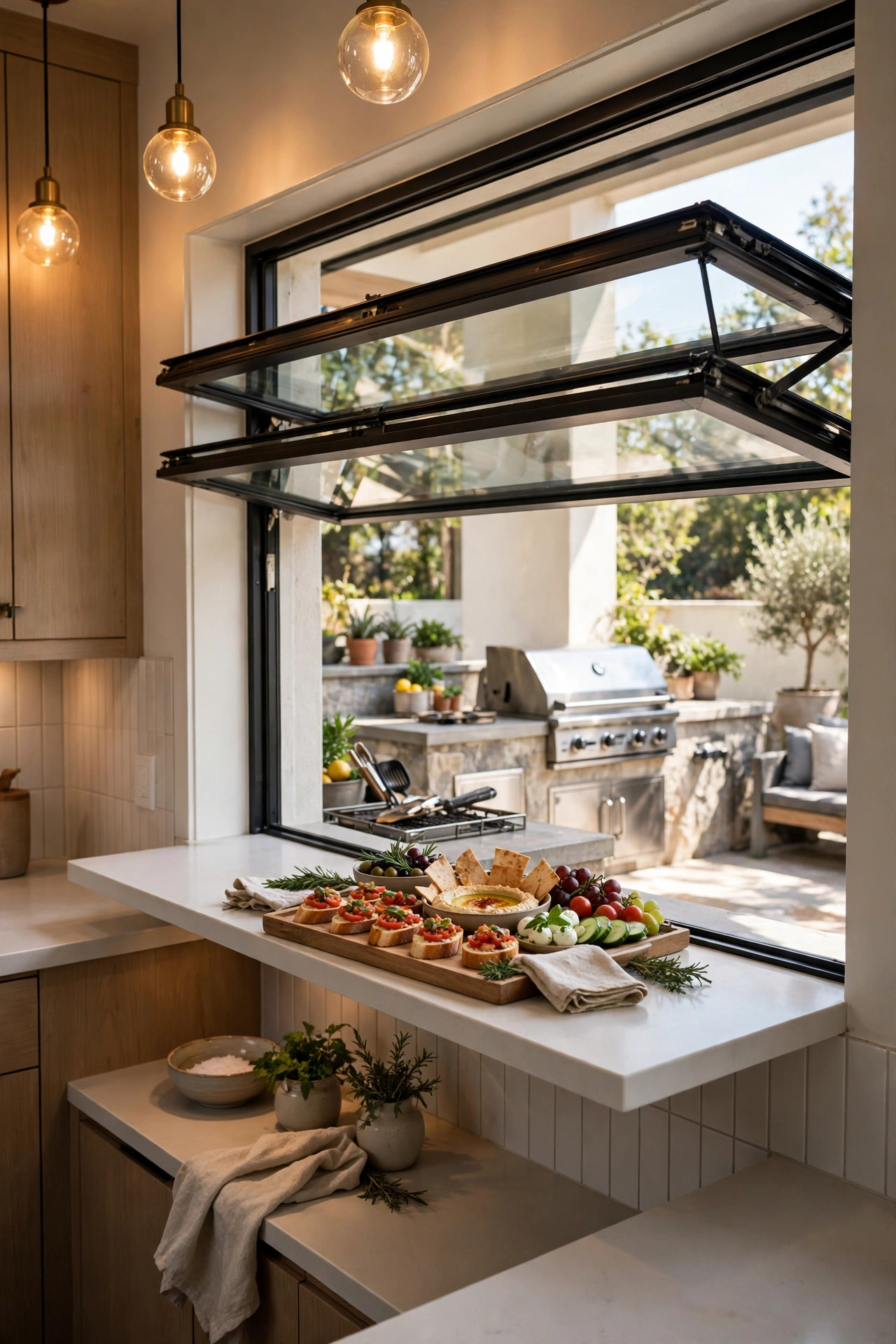 Open pass through window connecting an indoor kitchen to the patio