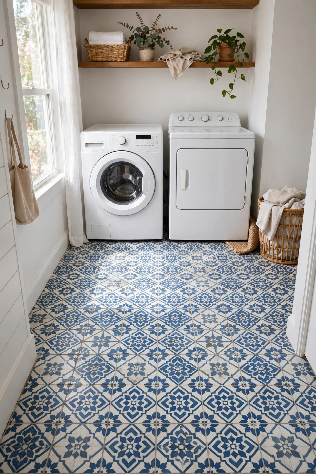 Patterned blue and white cement tile floor in a small laundry room with white machines.