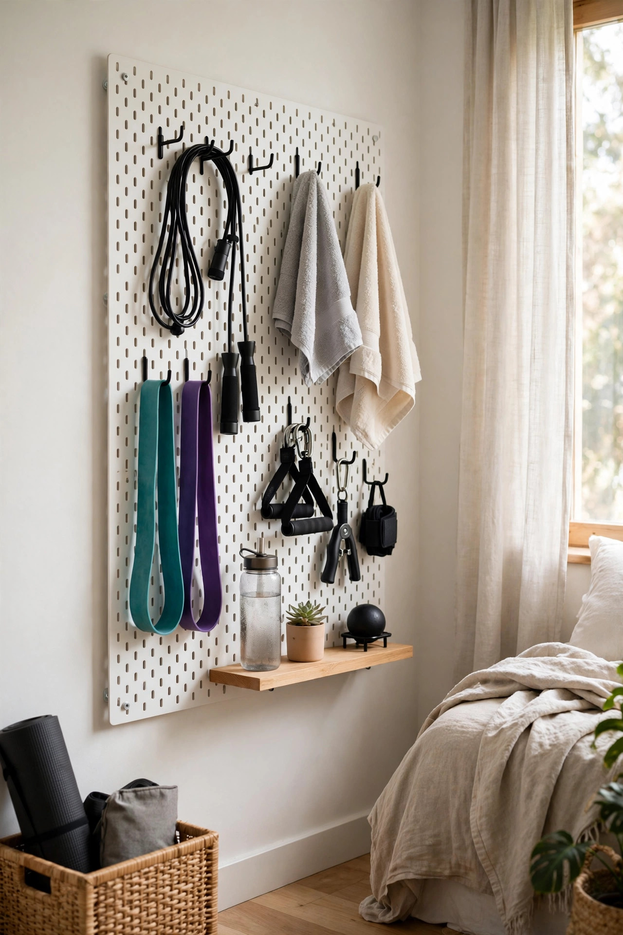 17 Small Home Gym Ideas That Fit in Any Corner 9 White pegboard with gym accessories on hooks in a tidy corner gym