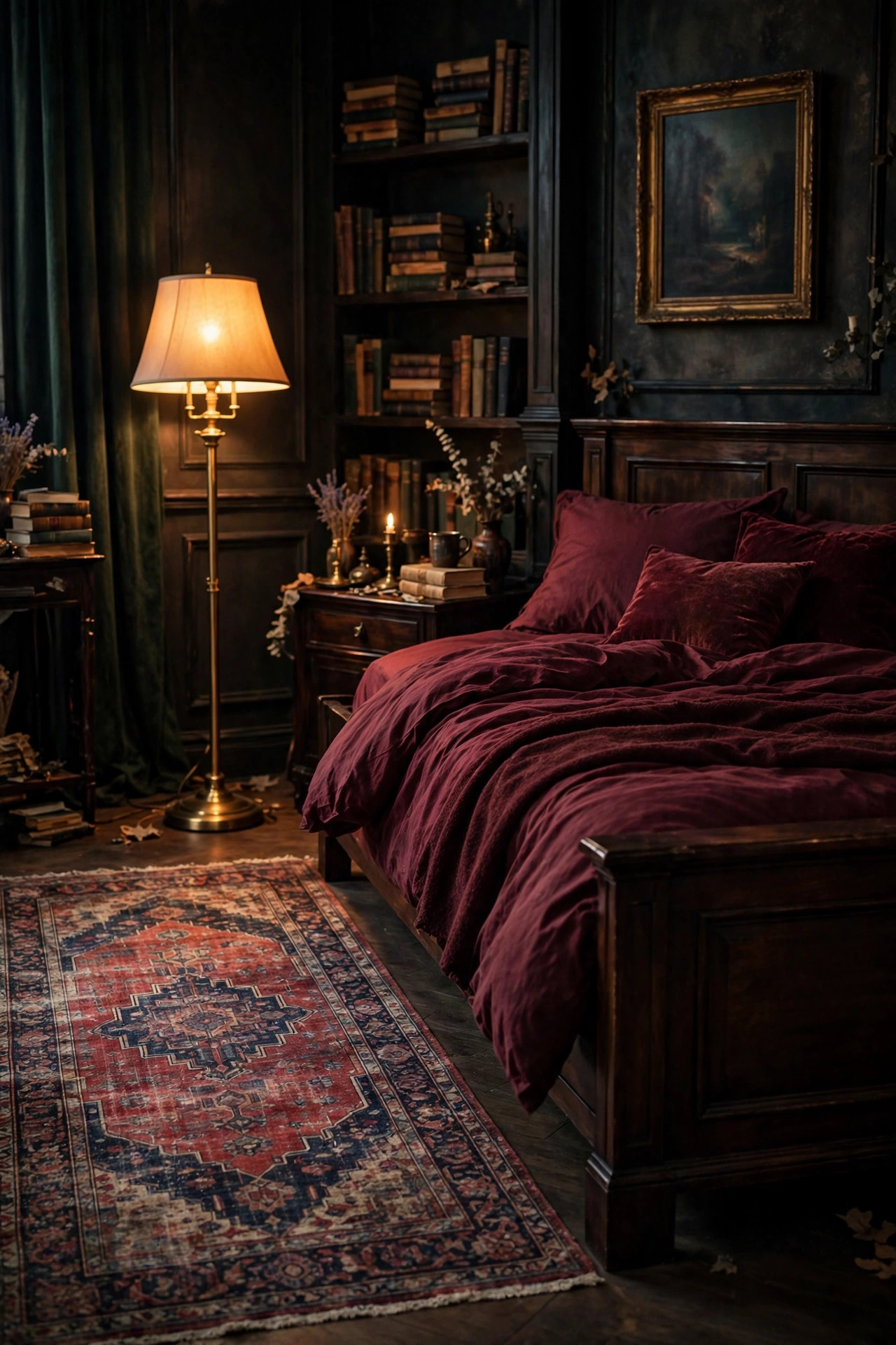 21 Dark Academia Room Decor Ideas That Feel Like an Old Library 9 Faded red and navy Persian rug beside a dark wood bed with burgundy bedding