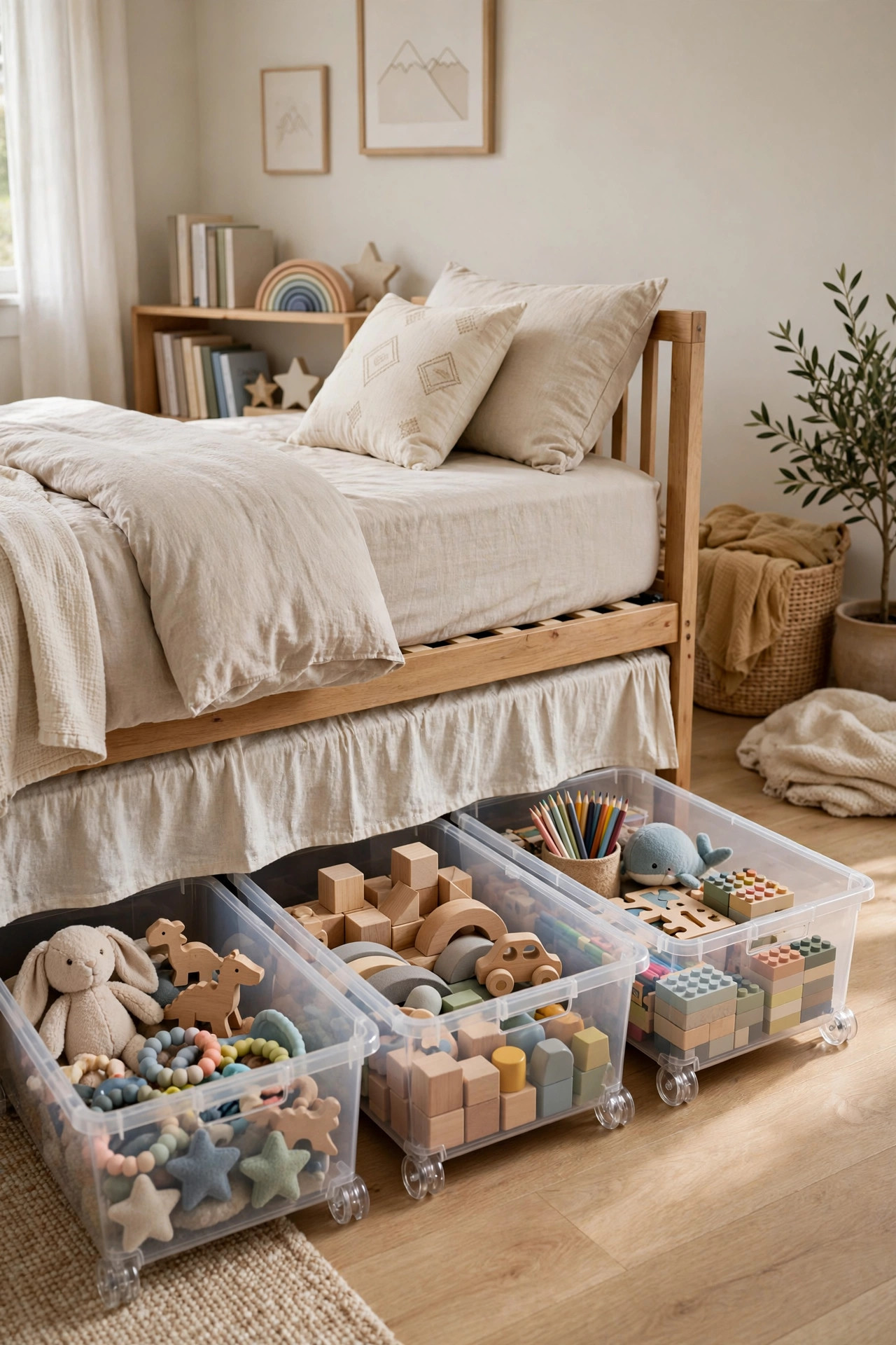 Clear rolling storage bins under a bed in a tidy kids room.