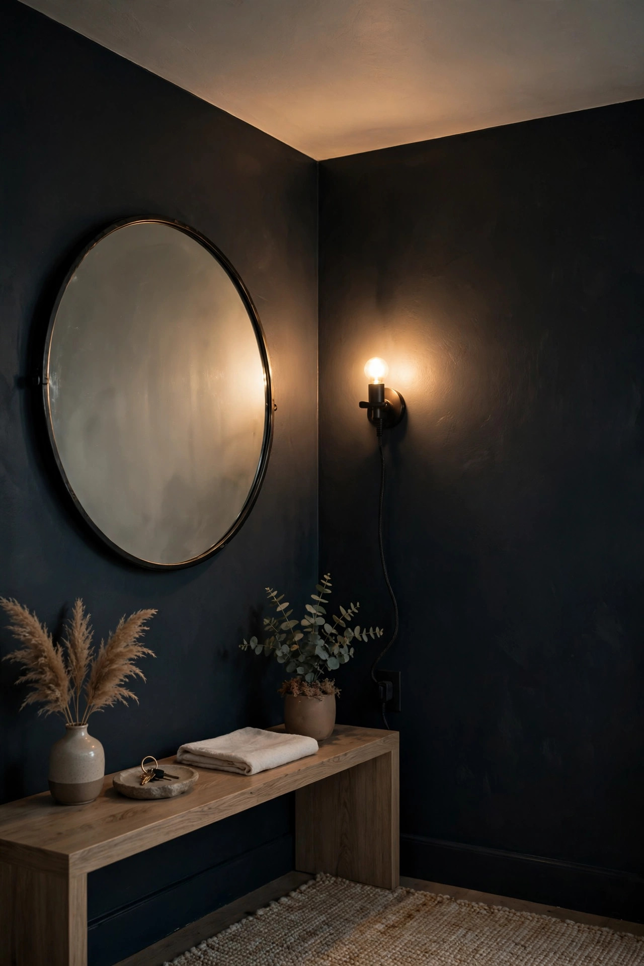 Round mirror beside a glowing wall sconce in a dim entryway