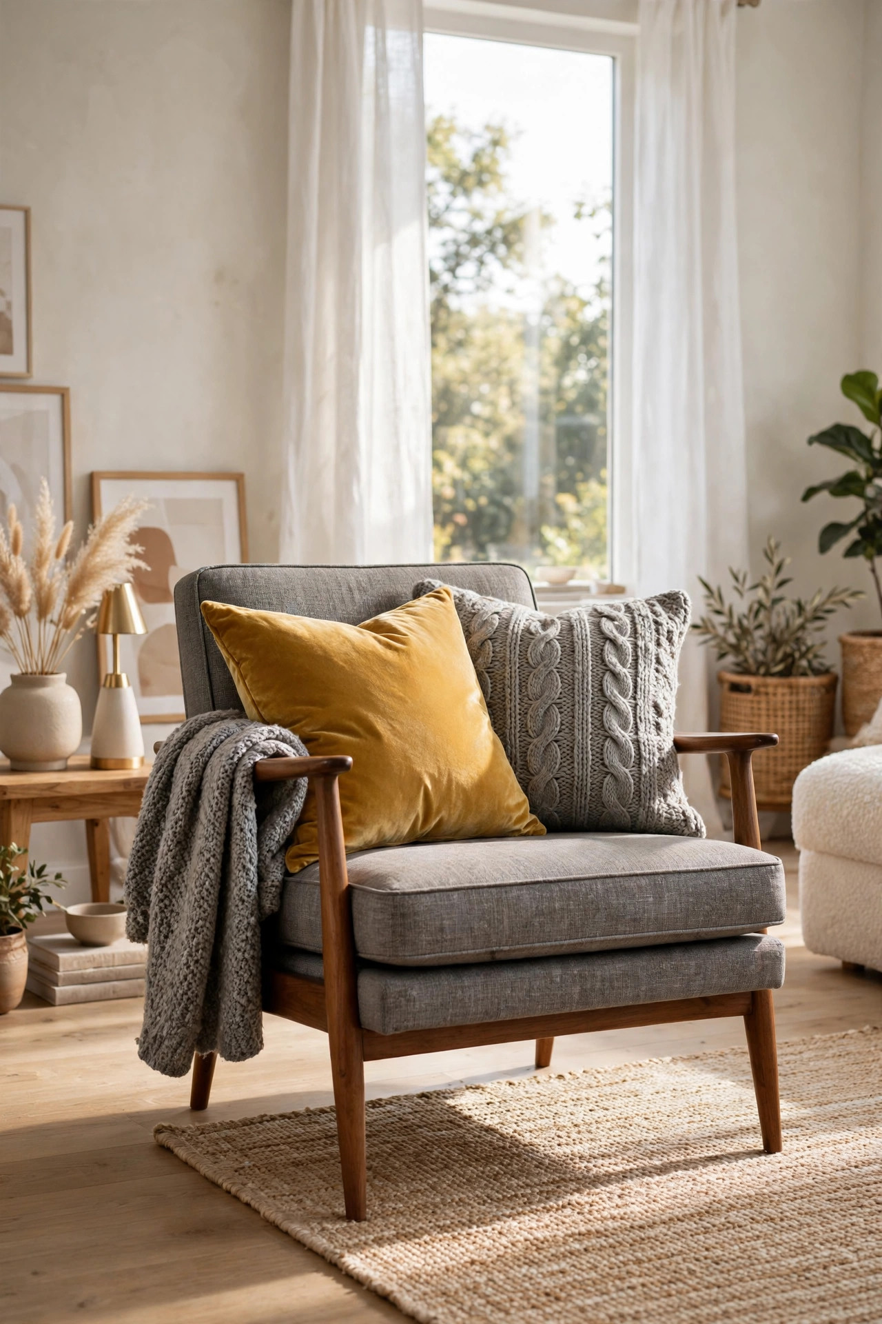 Beige loveseat styled with a sage green velvet pillow and a natural undyed knit pillow by linen curtains