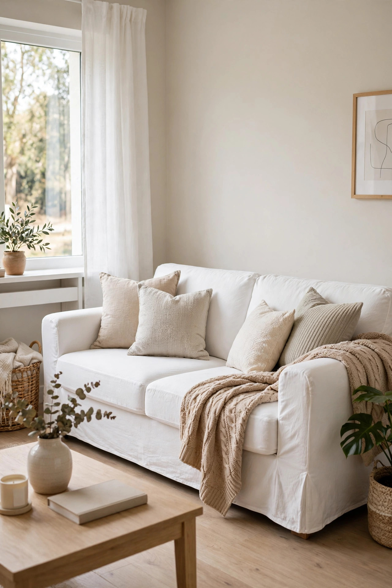 Sofa covered with a crisp white fitted slipcover and throw pillows.