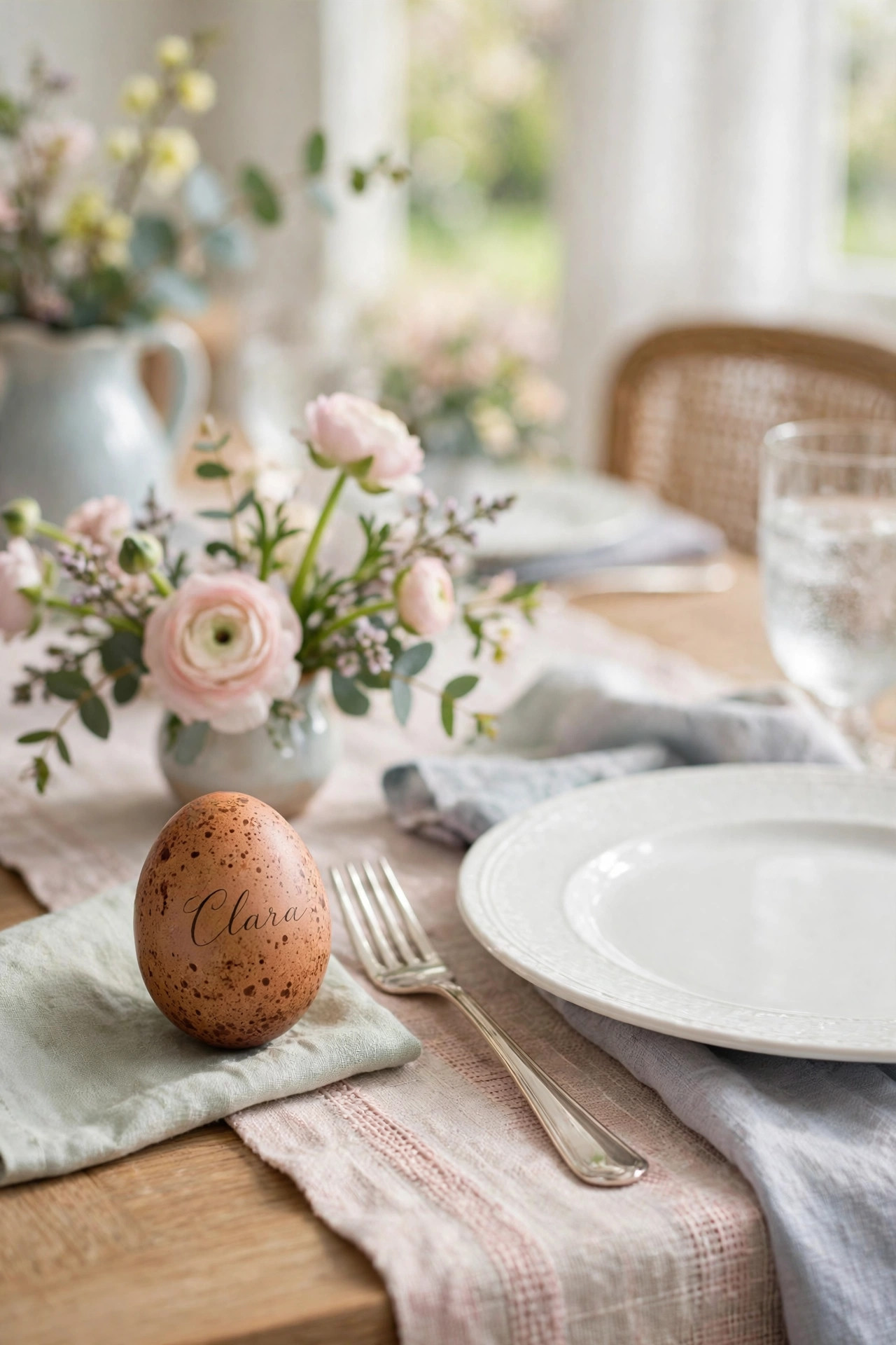 Speckled brown egg with a handwritten name as a place card