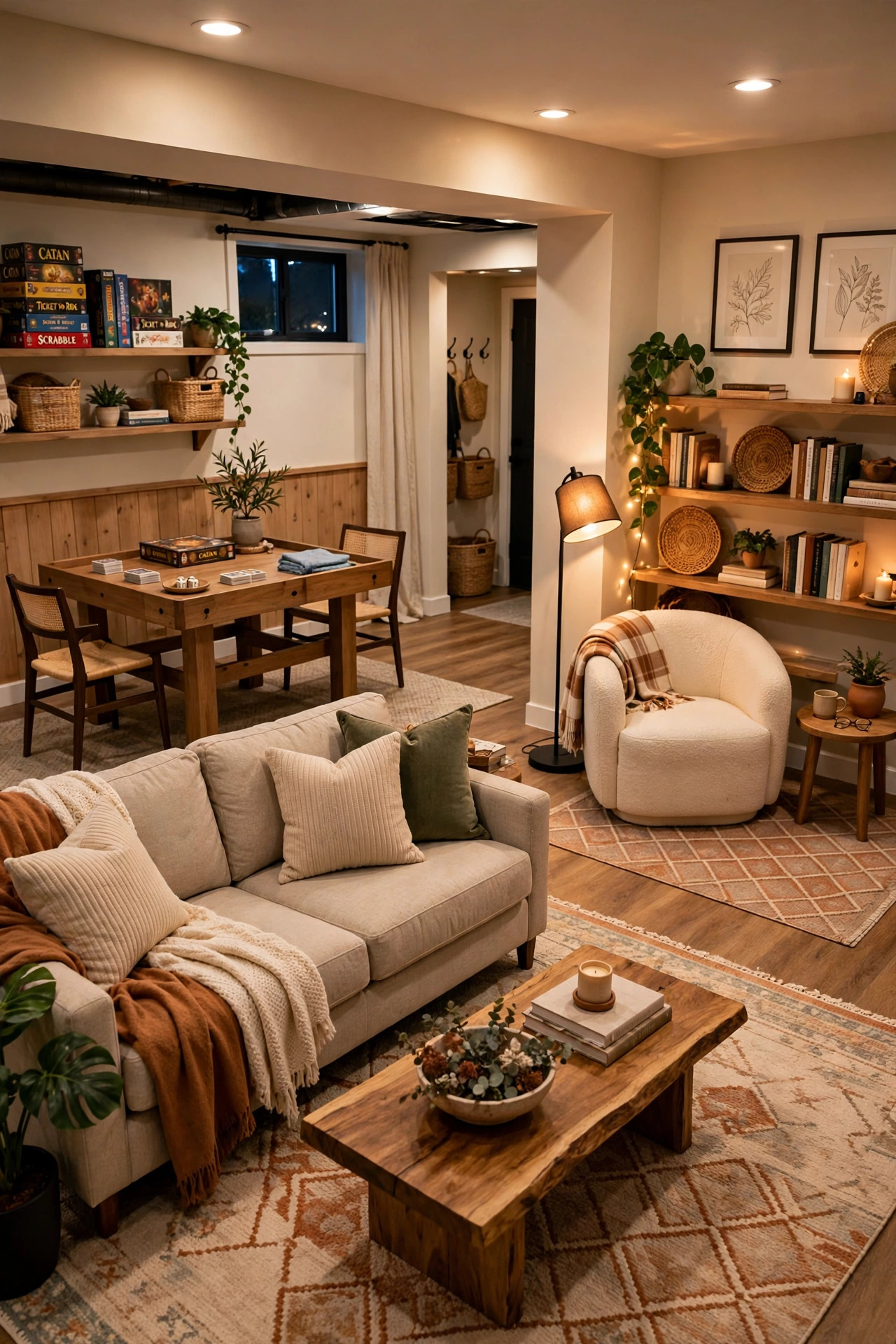 A basement family room arranged into clear zones with a lounge area, reading chair, and game table on separate rugs.