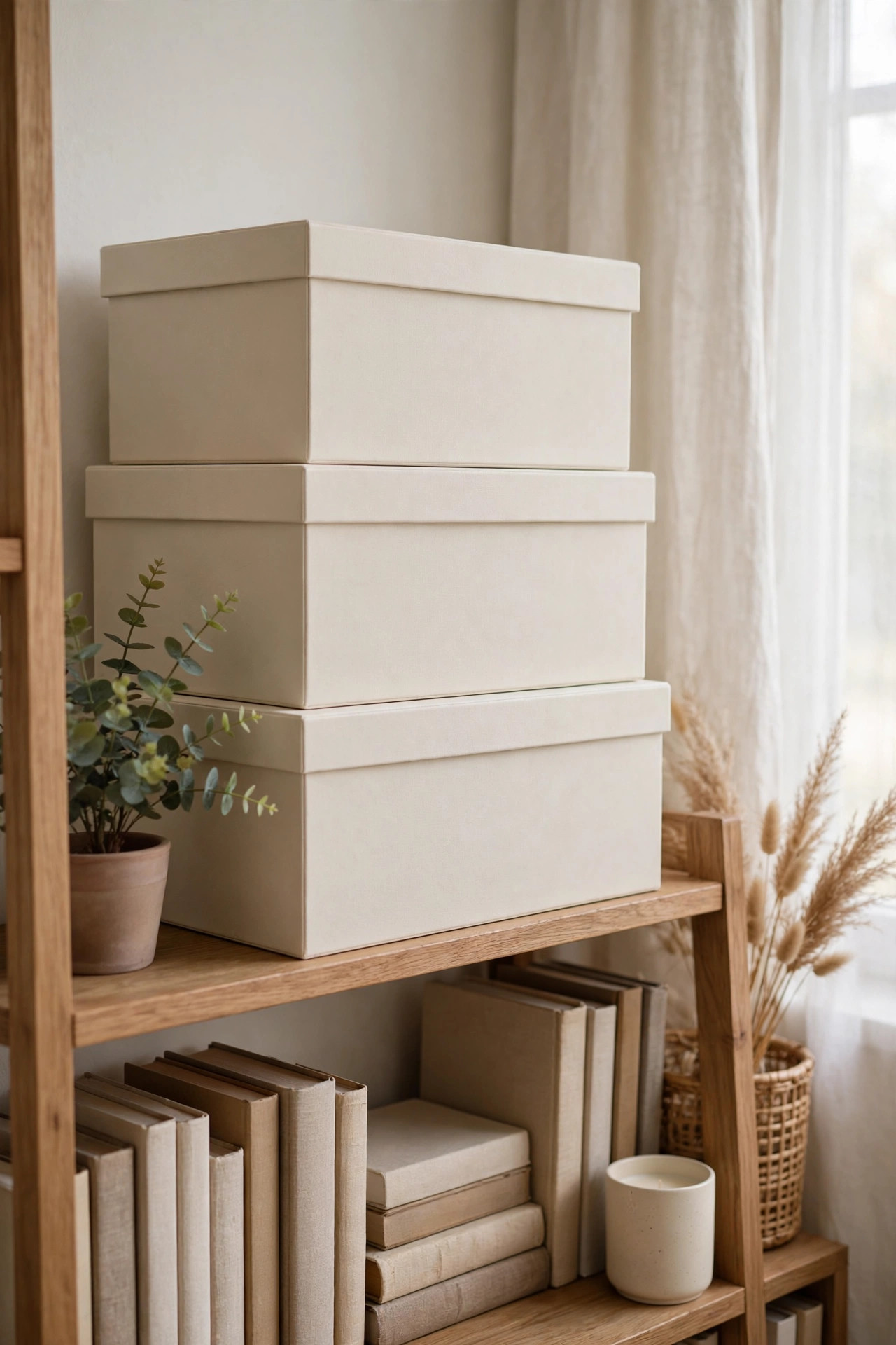 19 Dollar Store Decor Ideas That Look Way More Expensive 9 Stacked matte cream decorative storage boxes on a bookshelf styled with a small plant