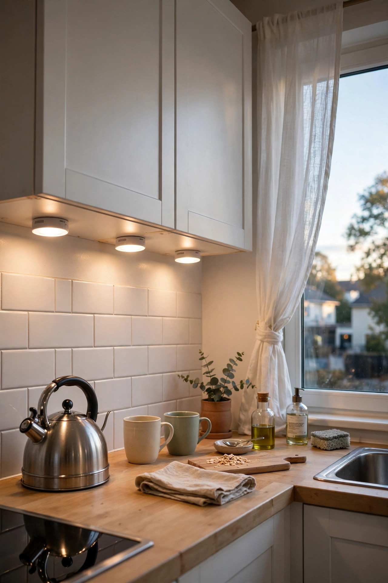18 Renter-Friendly Kitchen Upgrades That Need Zero Permission 9 Warm stick on puck lights glowing under white kitchen cabinets