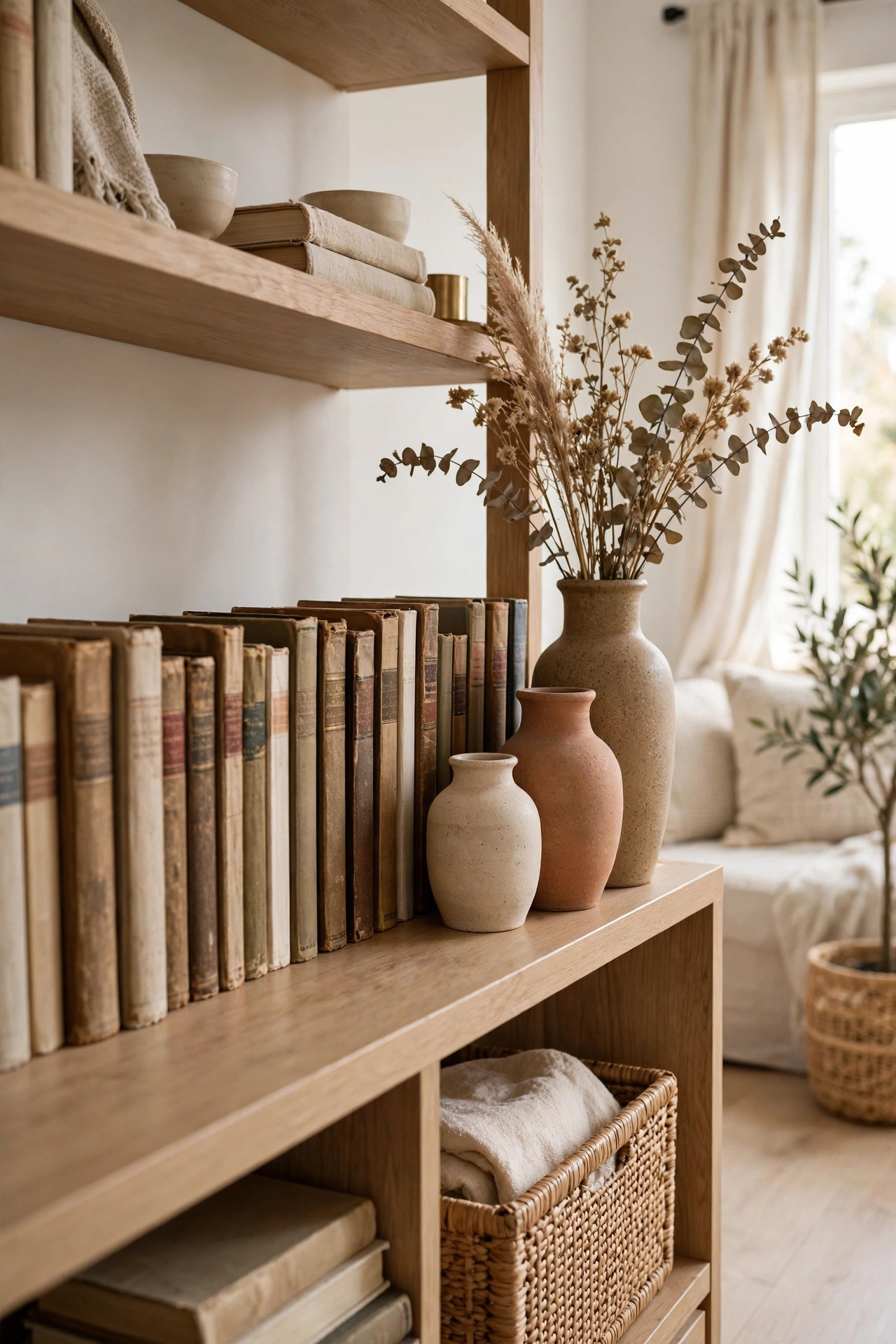 Three thrifted ceramic vases at different heights with dried stems on a shelf