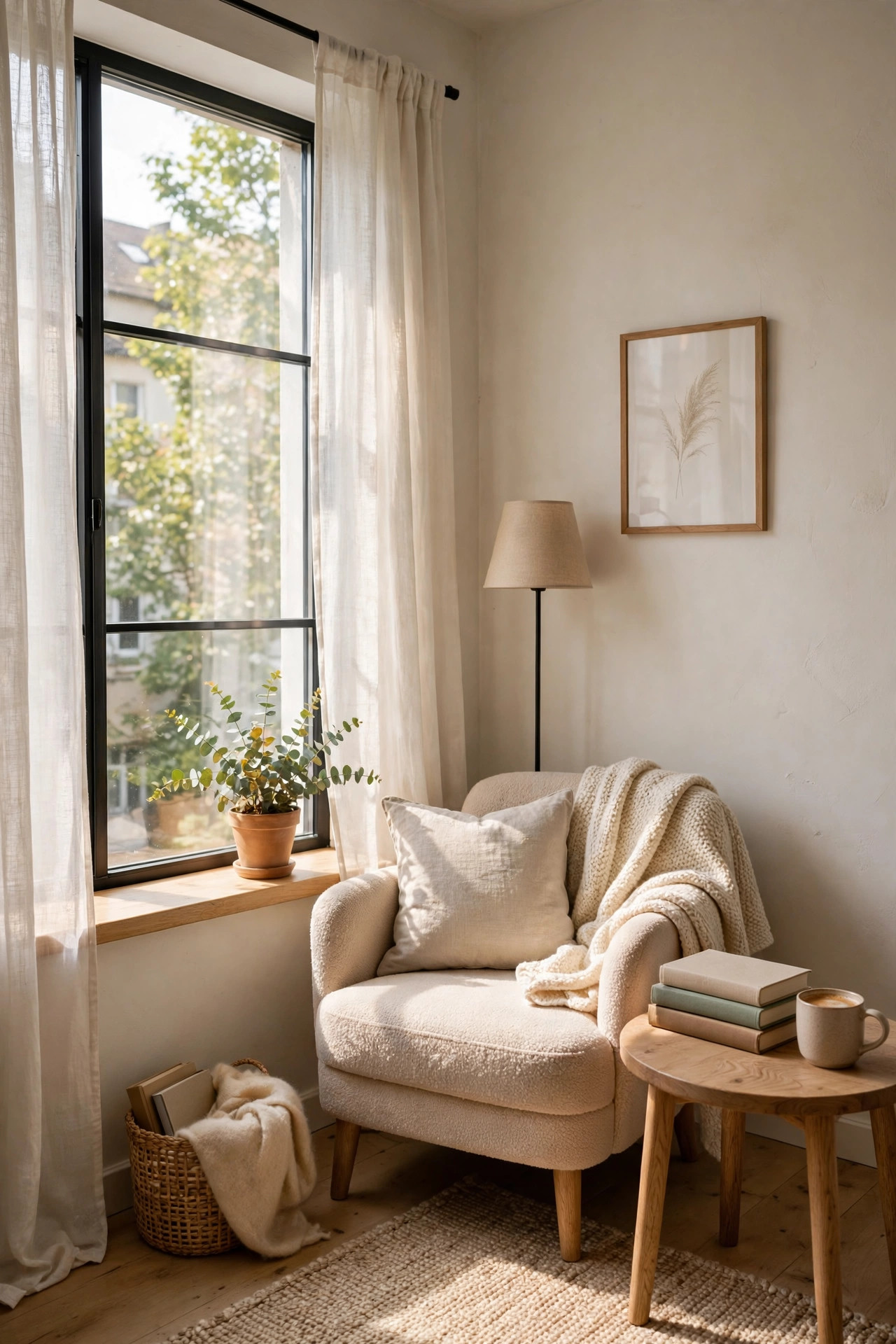 Small upholstered armchair beside a bright window with a side table of books and a slim floor lamp