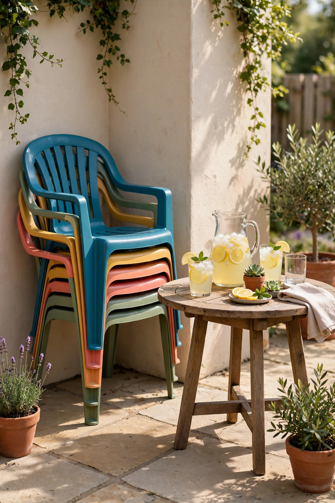 17 Outdoor Dining Ideas for Small Patios 9 Neat stack of colorful stackable outdoor chairs in a patio corner beside a small table with a pitcher of lemonade