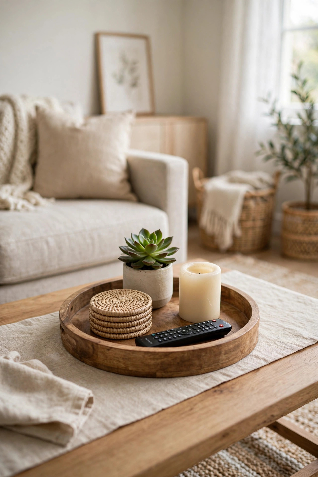 22 Decor Ideas Under $50 That Change Everything 9 Wooden tray on a coffee table styled with a plant, candle, and coasters