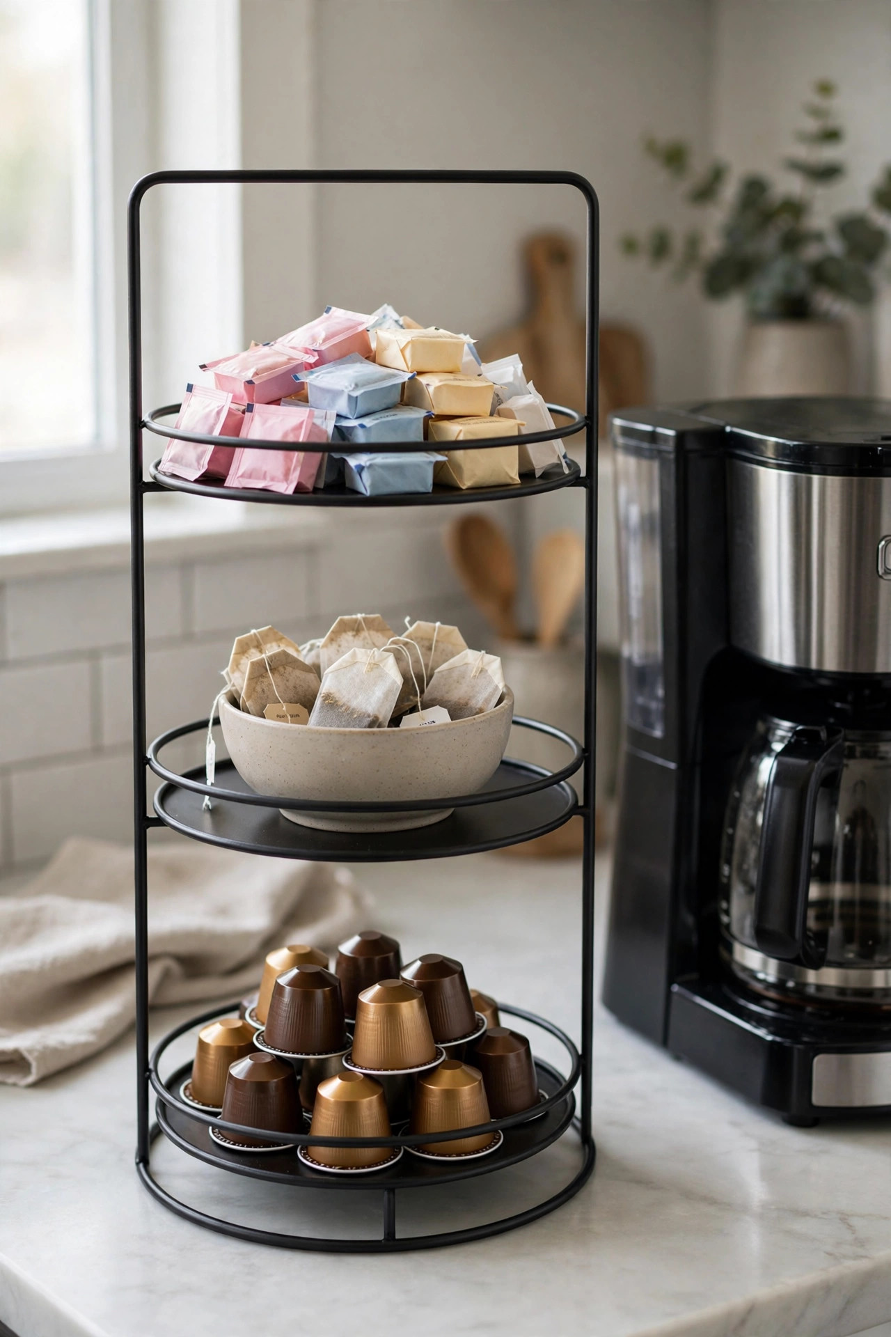 Three-tiered stand on a counter holding coffee pods, tea bags, and sweeteners.