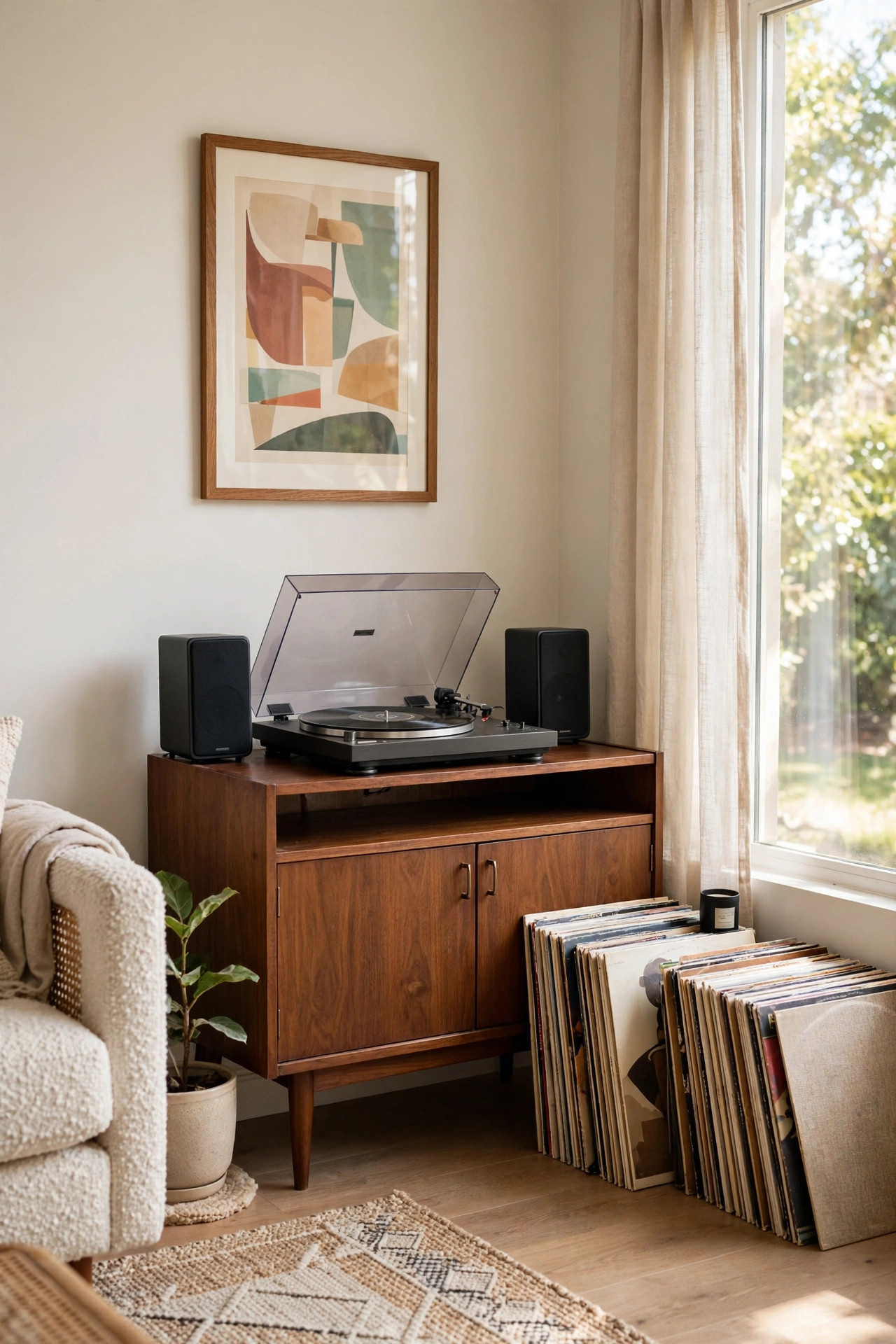 17 Mid-Century Modern Living Room Ideas That Still Feel Fresh 9 Walnut record console with a turntable and vinyl records in a living room corner