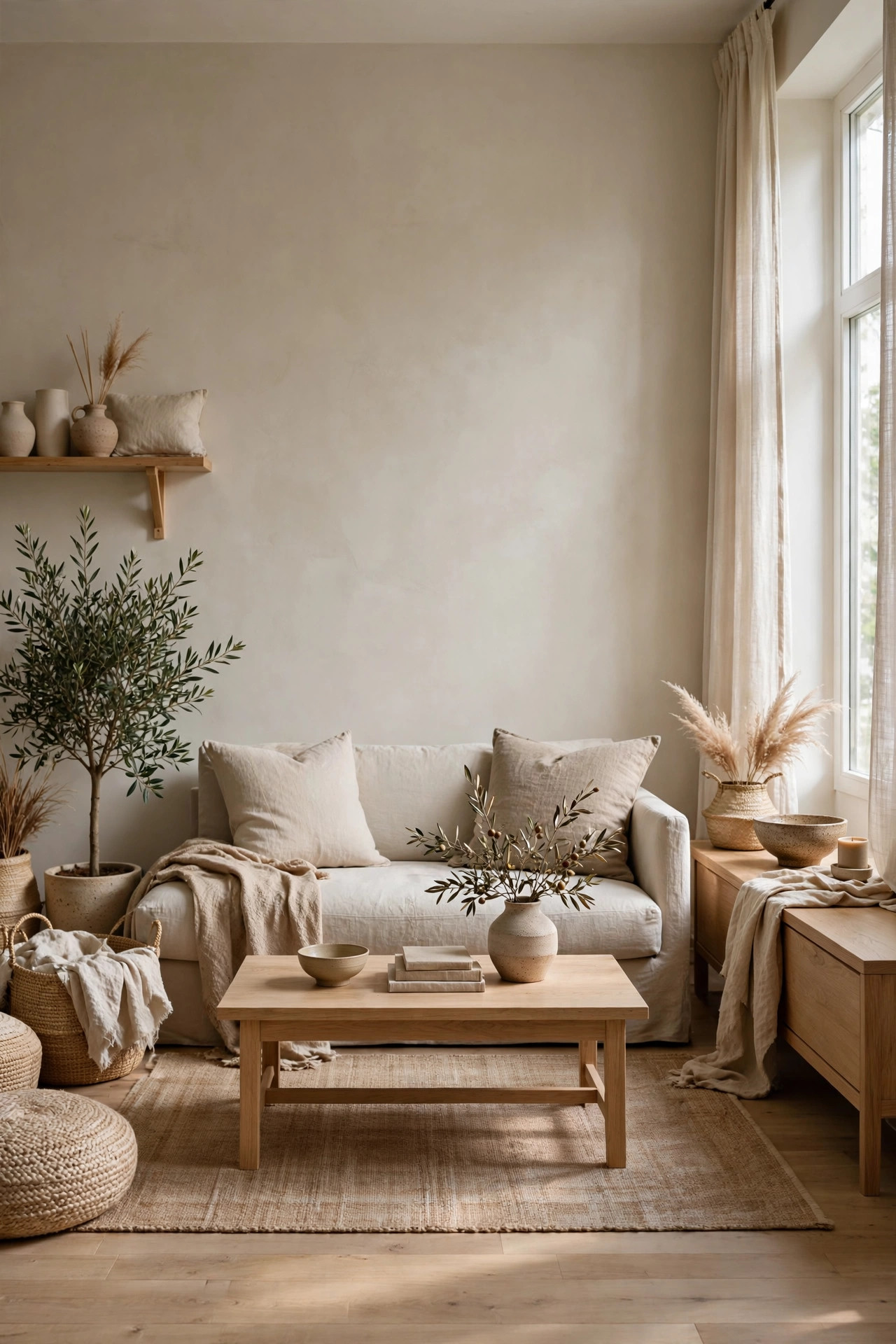 Japandi living room with warm neutral greige walls and light oak furniture
