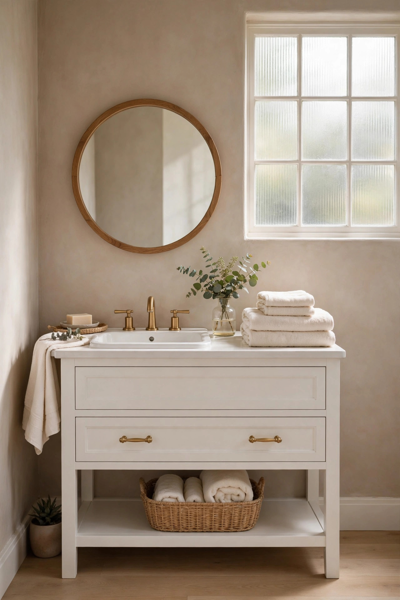 16 Earthy Paint Colors That Make a Home Feel Grounded 9 Bathroom with warm putty walls, a white vanity, brass faucets, and a wood framed mirror