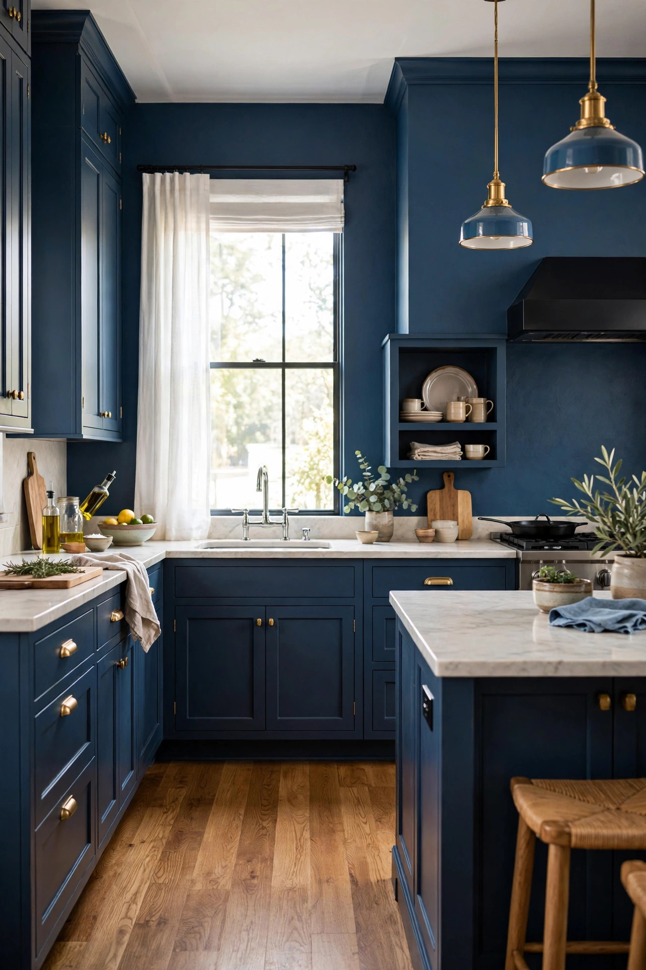 Warm wood floors in blue kitchen