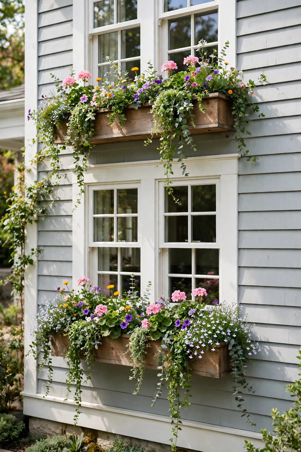 Small Front Yard Landscaping Ideas With Big Impact 9 Window boxes with trailing plants and flowers under house windows.
