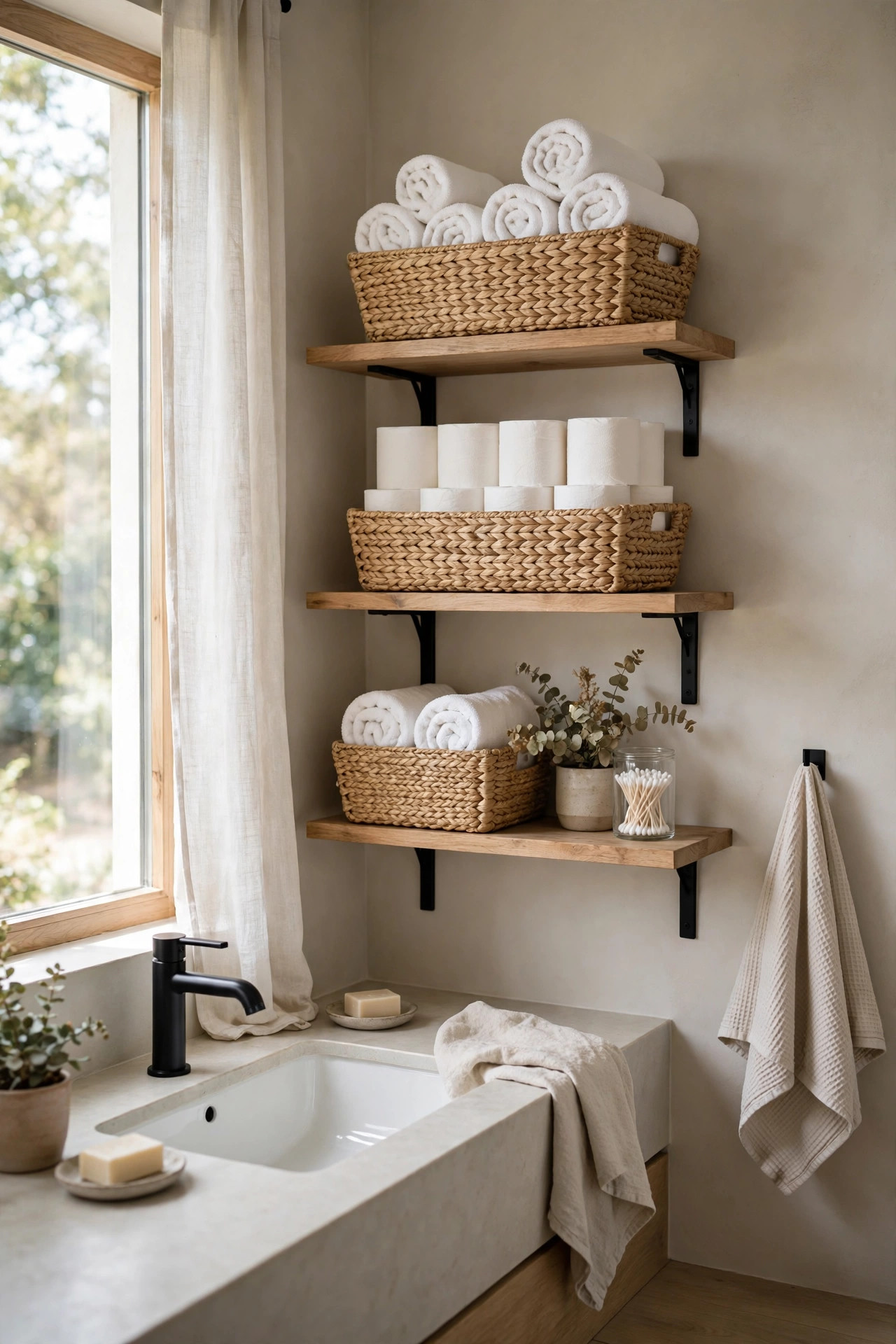 19 Rental Bathroom Ideas That Make It Feel Like Your Own 9 Woven seagrass baskets on open bathroom shelves holding rolled white towels and toilet paper rolls.