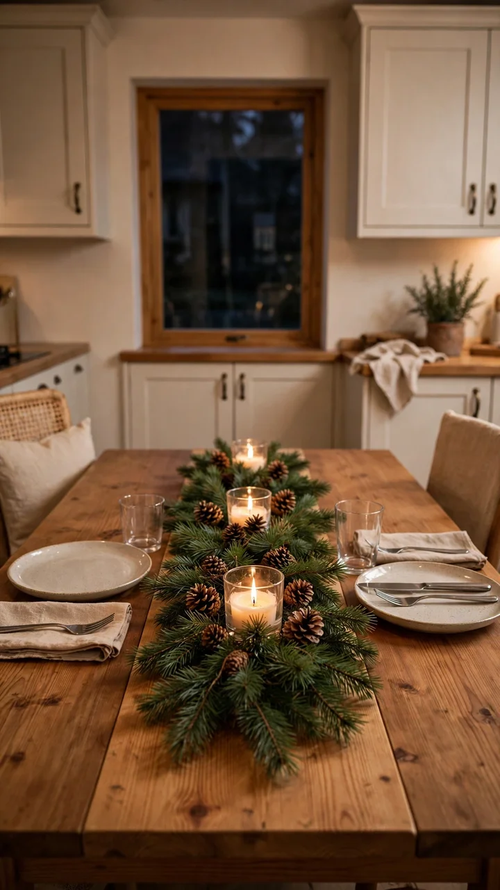A low centerpiece of pine branches, pinecones and lit candles down the middle of a wooden kitchen table set with plates.