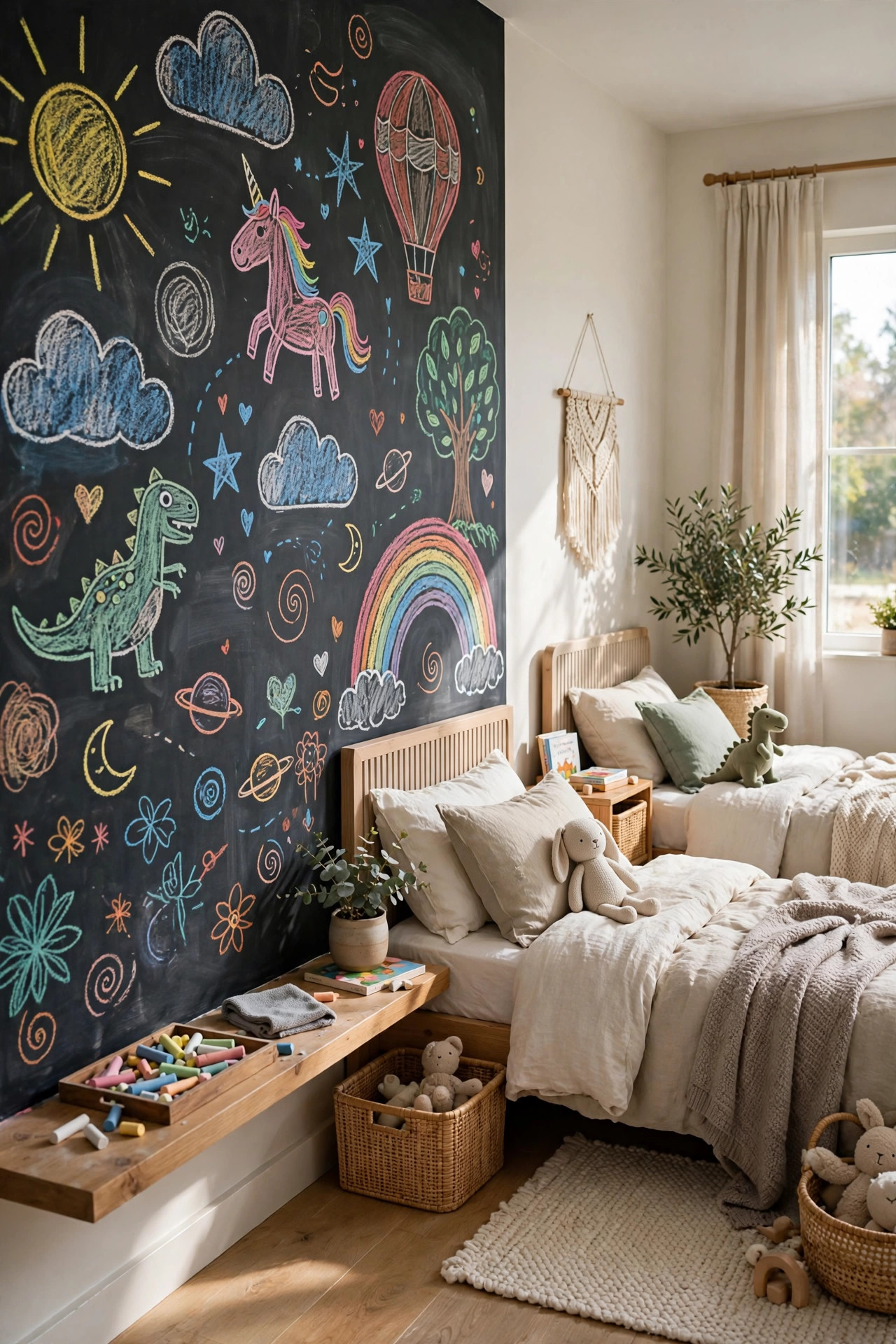 Chalkboard wall with colorful drawings in a shared kids bedroom.