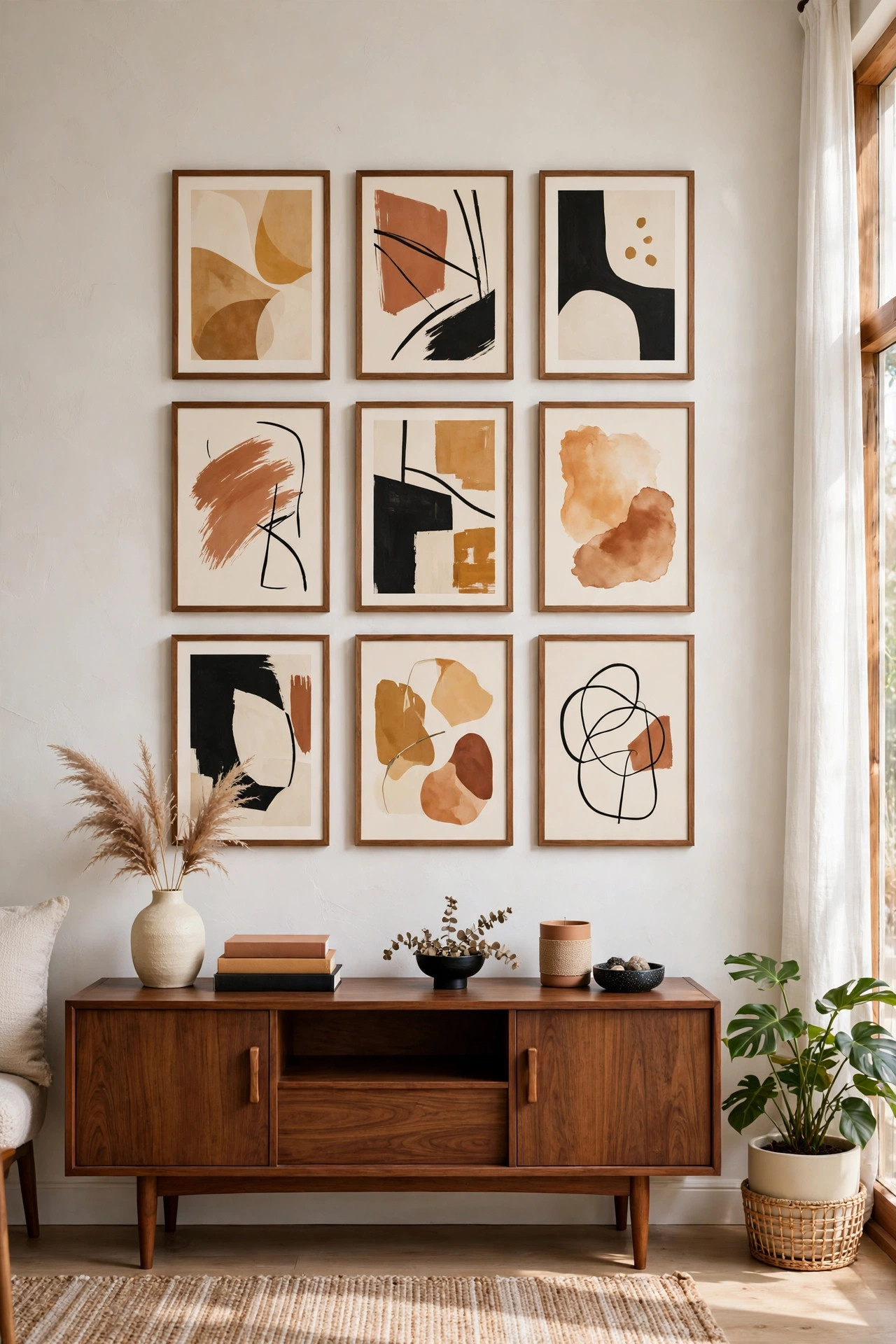 17 Mid-Century Modern Living Room Ideas That Still Feel Fresh 10 Gallery wall of framed abstract prints above a low walnut credenza