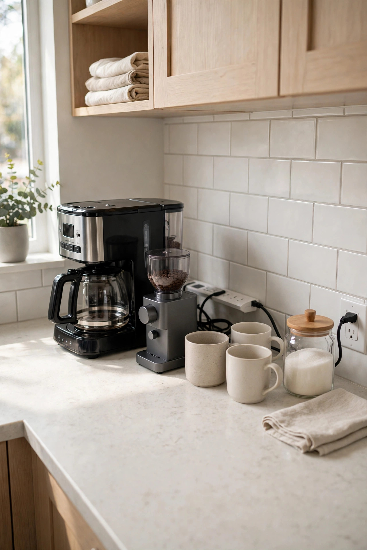 Coffee maker and grinder plugged into a single power strip tucked behind them.