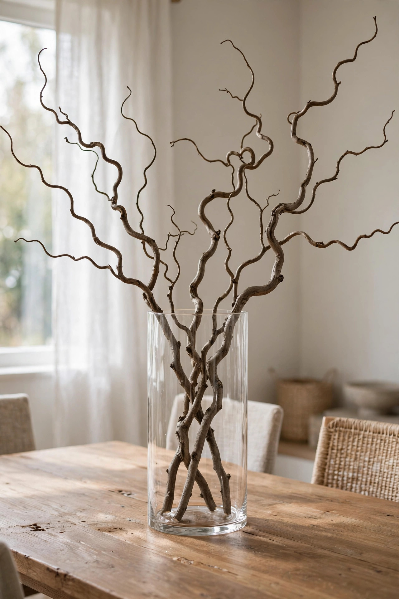 Cozy Winter Home Decor Ideas for After the Holidays 10 Tall glass vase with bare winter branches on a wooden dining table in soft natural light