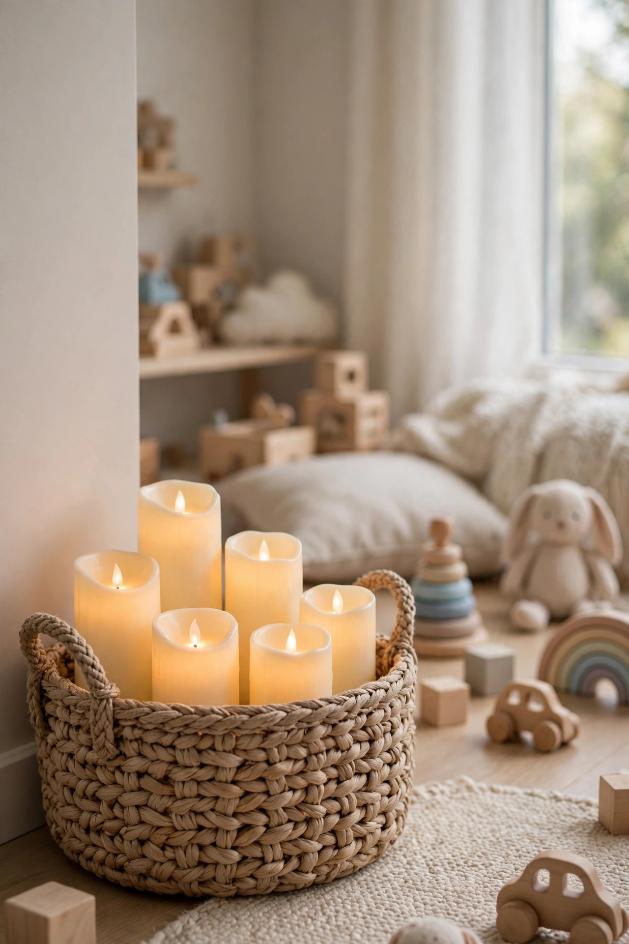 Woven basket of flameless LED candles glowing in a play corner