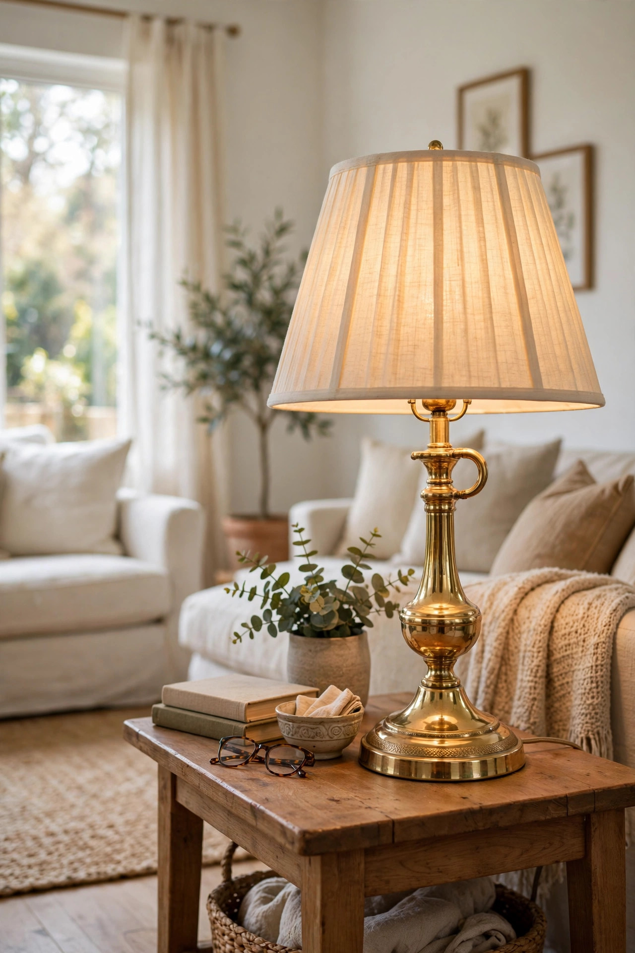 15 Thrift Store Furniture Flips Worth Trying 10 A polished brass lamp with a new cream shade glowing on a wooden side table