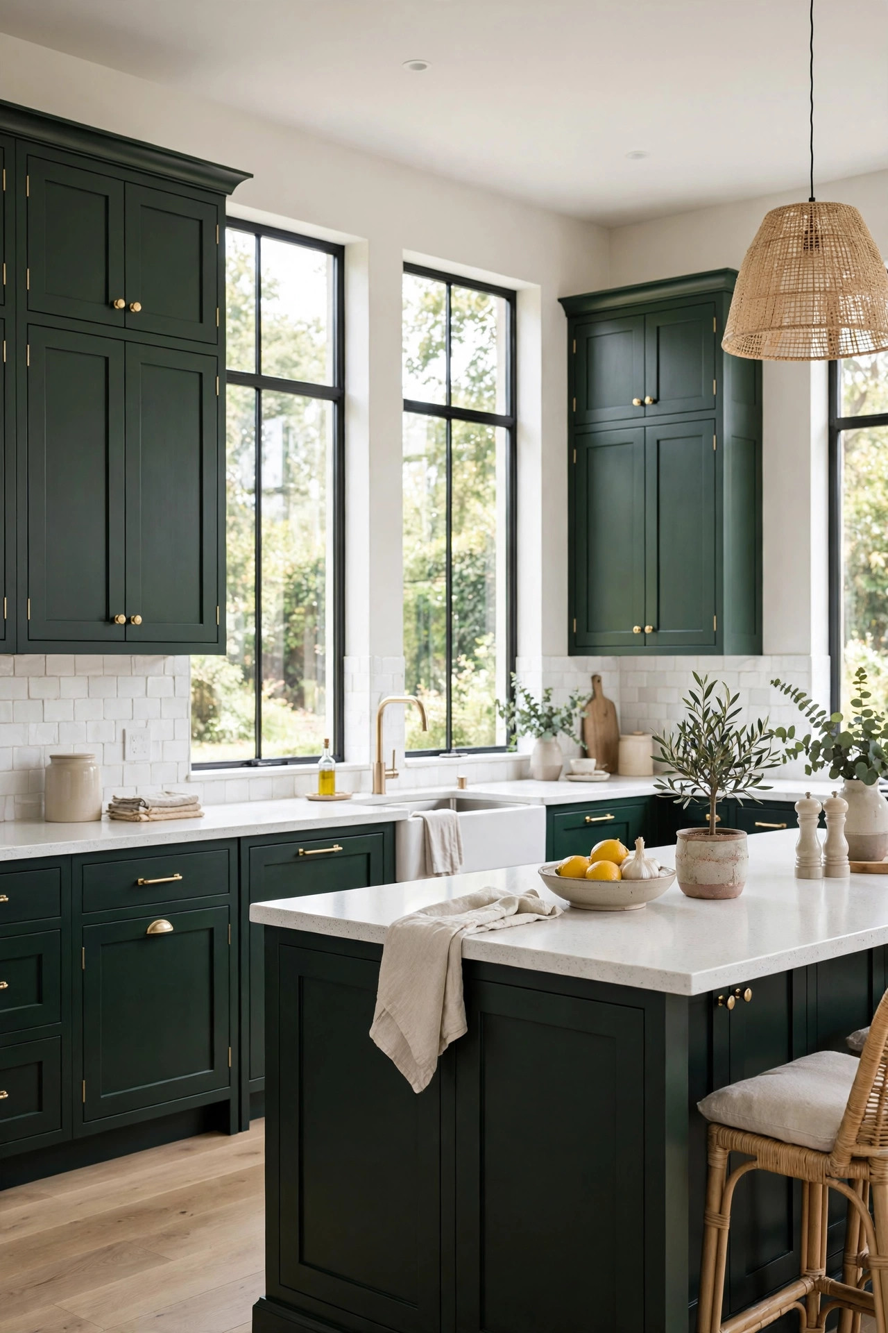 Spacious kitchen with very dark british racing green cabinets and white quartz counters.