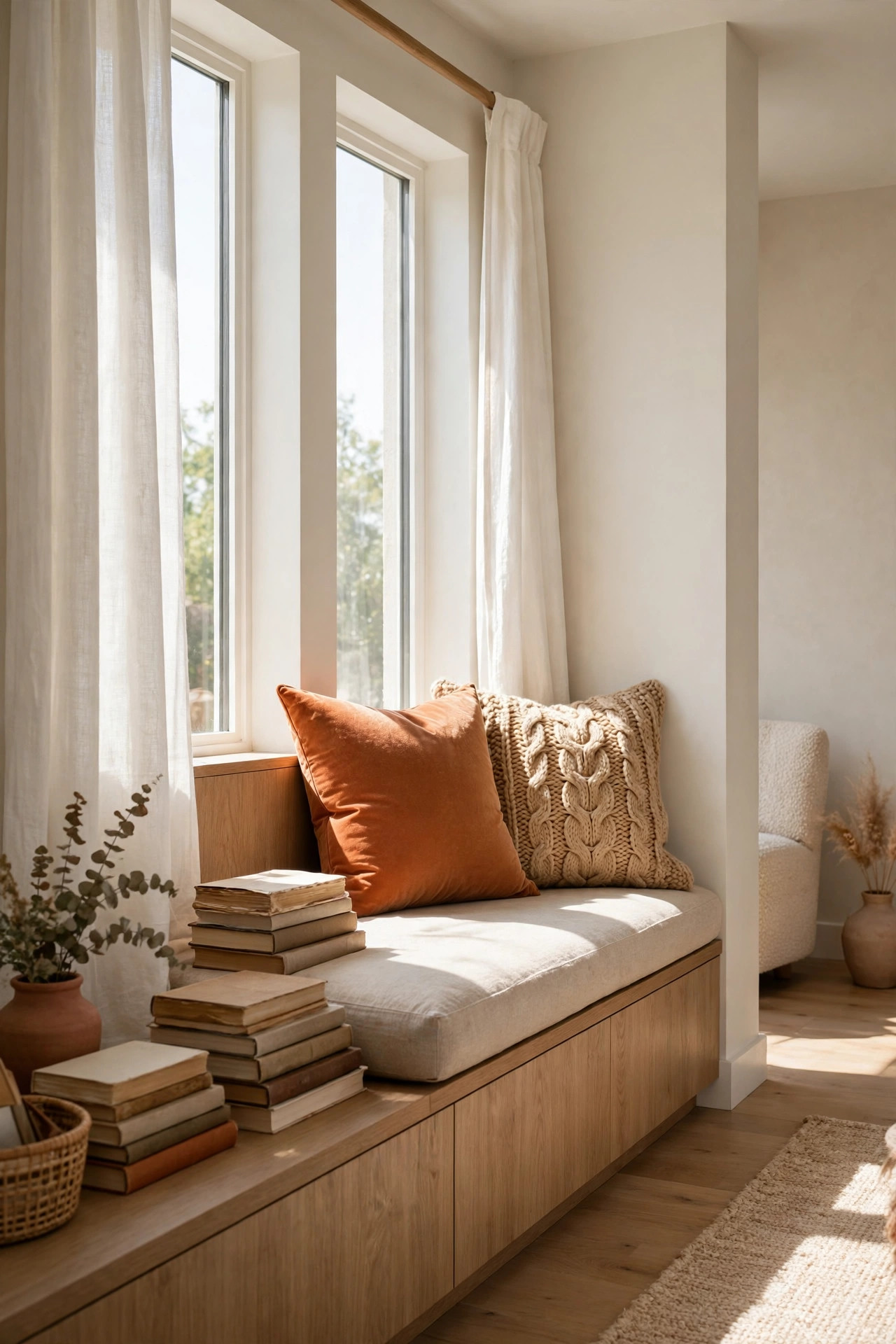 Brown leather sofa styled with a burgundy velvet pillow and a camel tan knit pillow in warm sunlight
