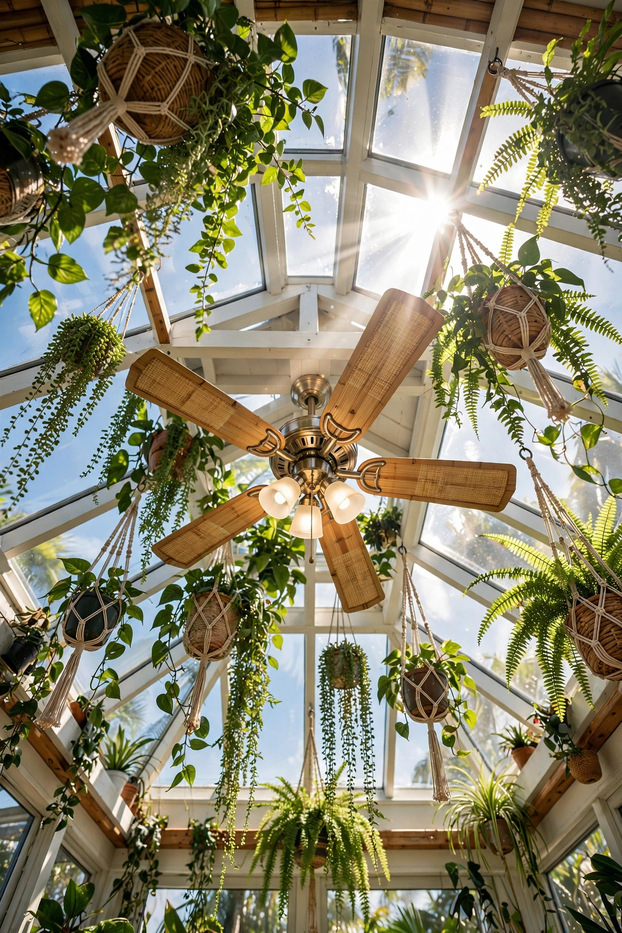 Ceiling fan with light bamboo blades among hanging plants under glass roof panels